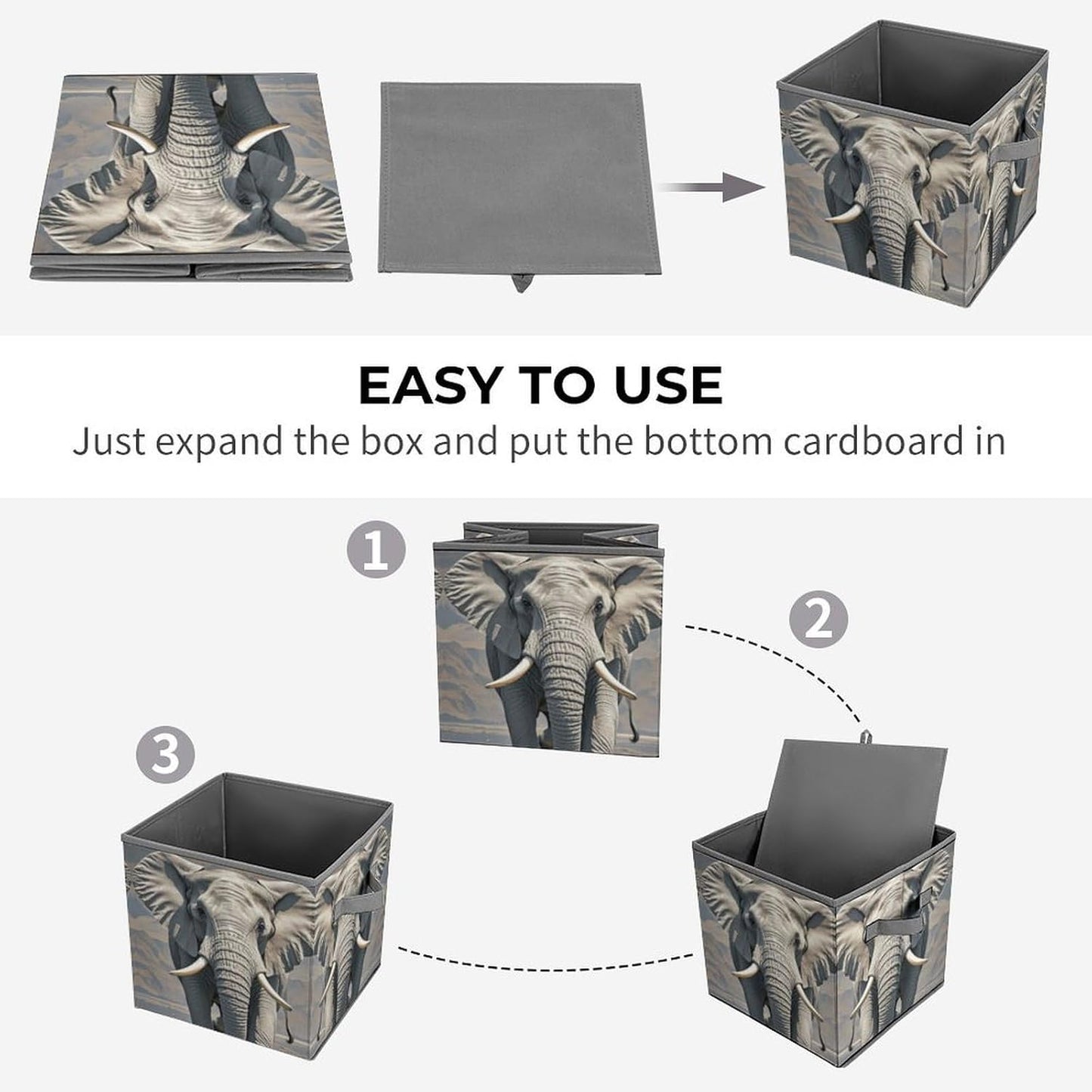 Elephant Pattern Storage Bins with Handles Fashion Large Storage Cubes Sturdy Foldable Storage Boxes Space-Saving Storage Baskets for Home Office Clothes Closet Organizers