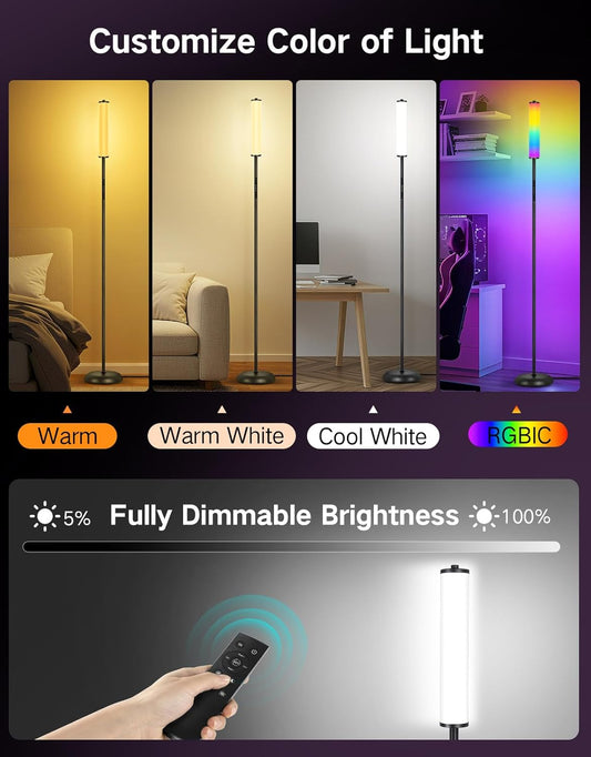 OUTON Floor Lamp for Living Room, 66 in LED Corner Floor Lamp with Remote, App and Touch Slider Control, 2200K-6500K Stepless Dimmable RGB Standing Lamp with Timer, Memory and Music Sync, Black