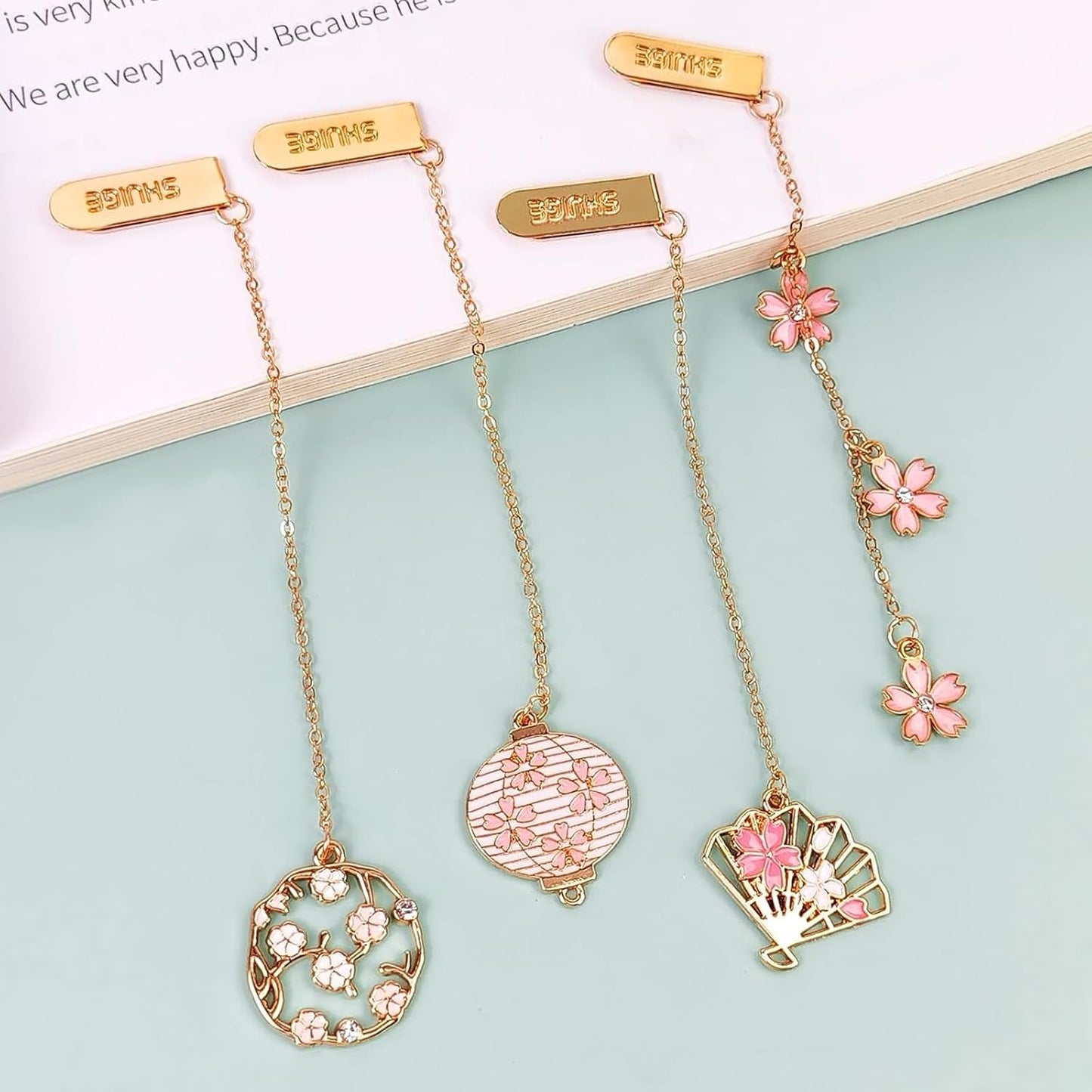 Metal Bookmarks for Women, Cute Japanese Cherry Blossom Bookmark Set of 4 with Chain, Pretty Floral Book Marks, Fancy Reading Accessories and Bookish Gifts for Book Lovers