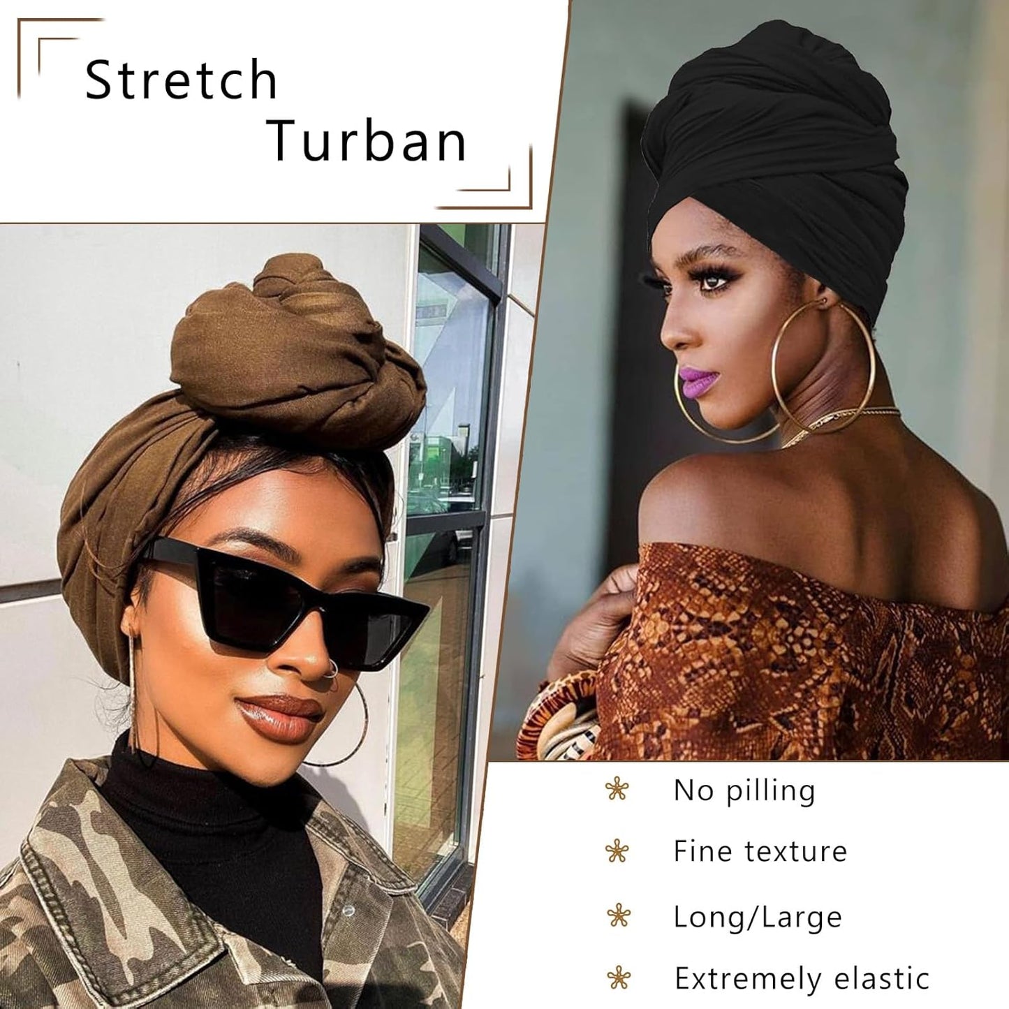 COOKOO 2 Piece Solid Color Stretch Jersey Head Wrap Long Scarf Long African Hair Wraps Stretch Hijab Extra Fashion Head Scarf Soft Head Wraps for Women(Black+Camel)