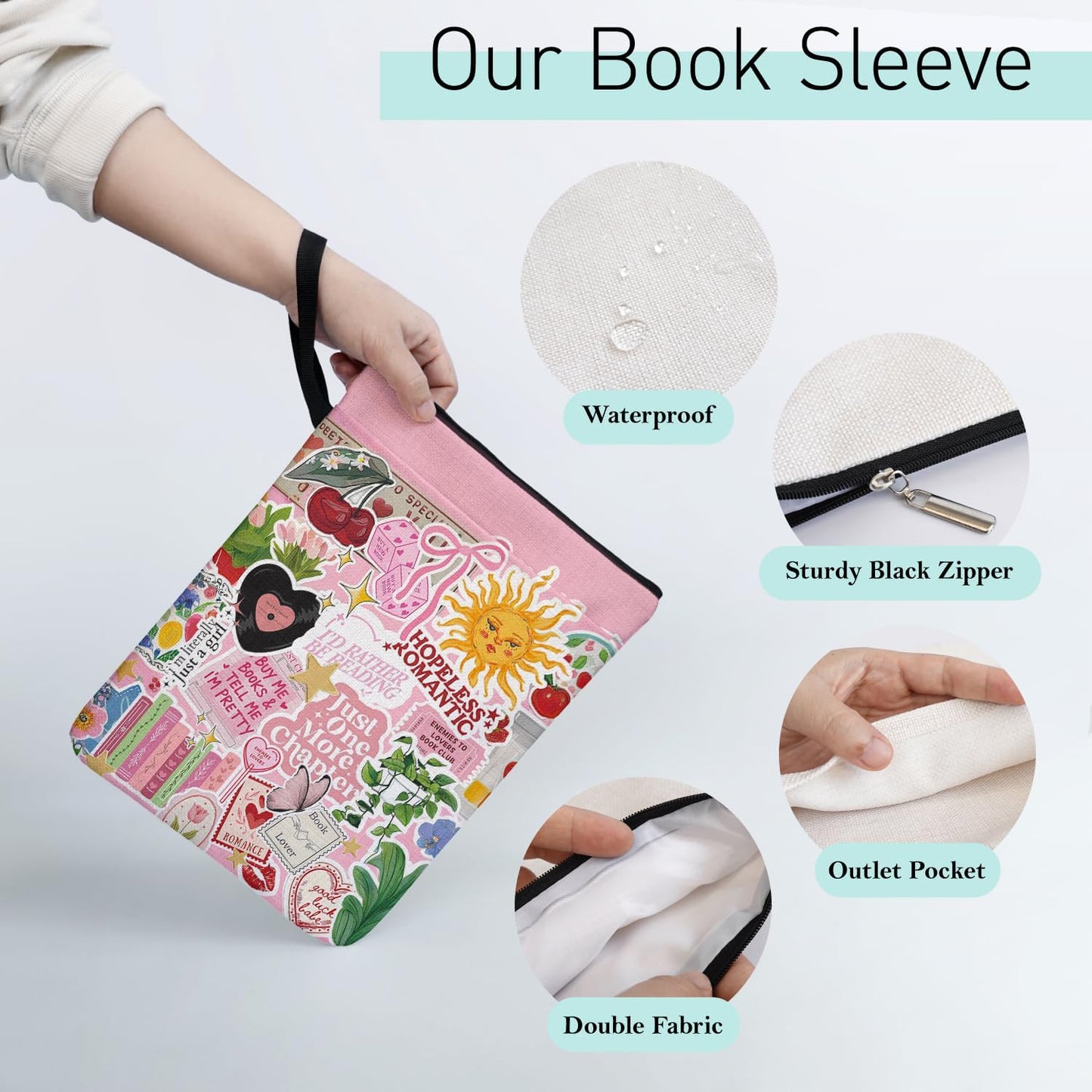 Just One More Chapter Y2K Book Sleeve for Women Book Lovers, Paperback Sleeve Gifts for Librarian Lovers Bookish Group Club, Book Cover with Zipper and Handle for Paperbacks 9 x 12 Inch