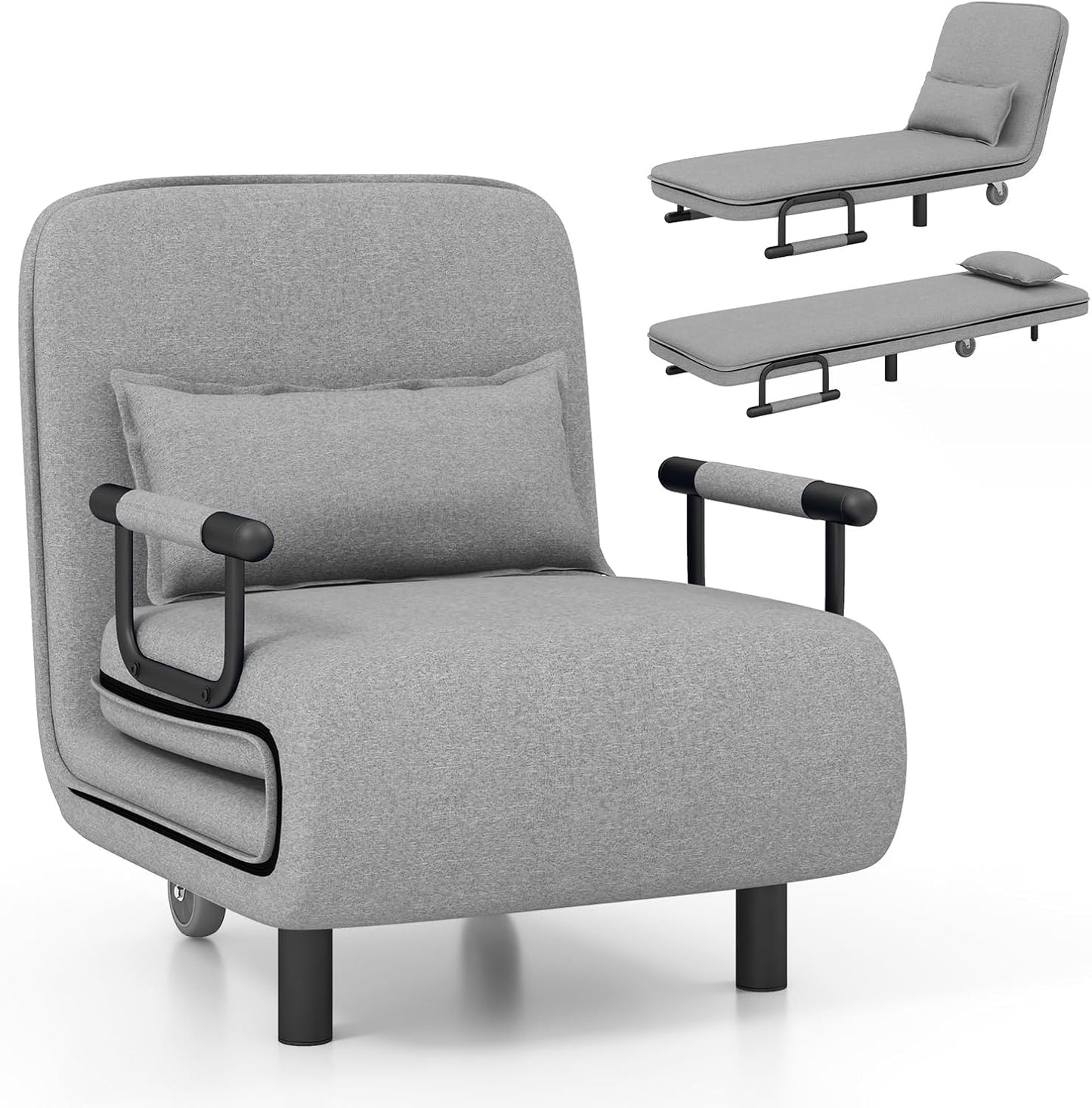 KOMFOTT Convertible Chair, Sleeper Chair with 5-Position Adjustable Backrest & Lumbar Pillow, 2 Hidden Metal Legs & 2 Lockable Casters, Comfy Chaise Lounge for Living Room & Home Office, Grey