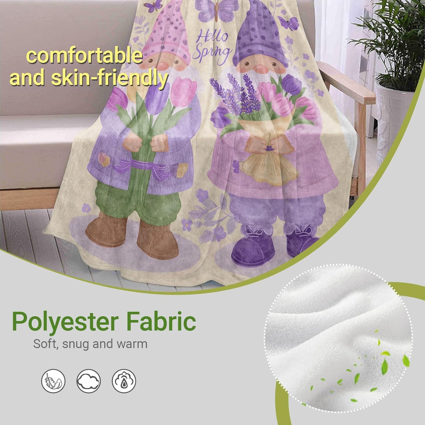 Gnome Lightweight Throw Blanket, Purple Lavender Flower and Butterfly, Warm Soft Cozy Flannel Blankets, Couch Dorm Home Decor All Season Use, 60x50in, Beige, Gifts for Women and Spring Lovers