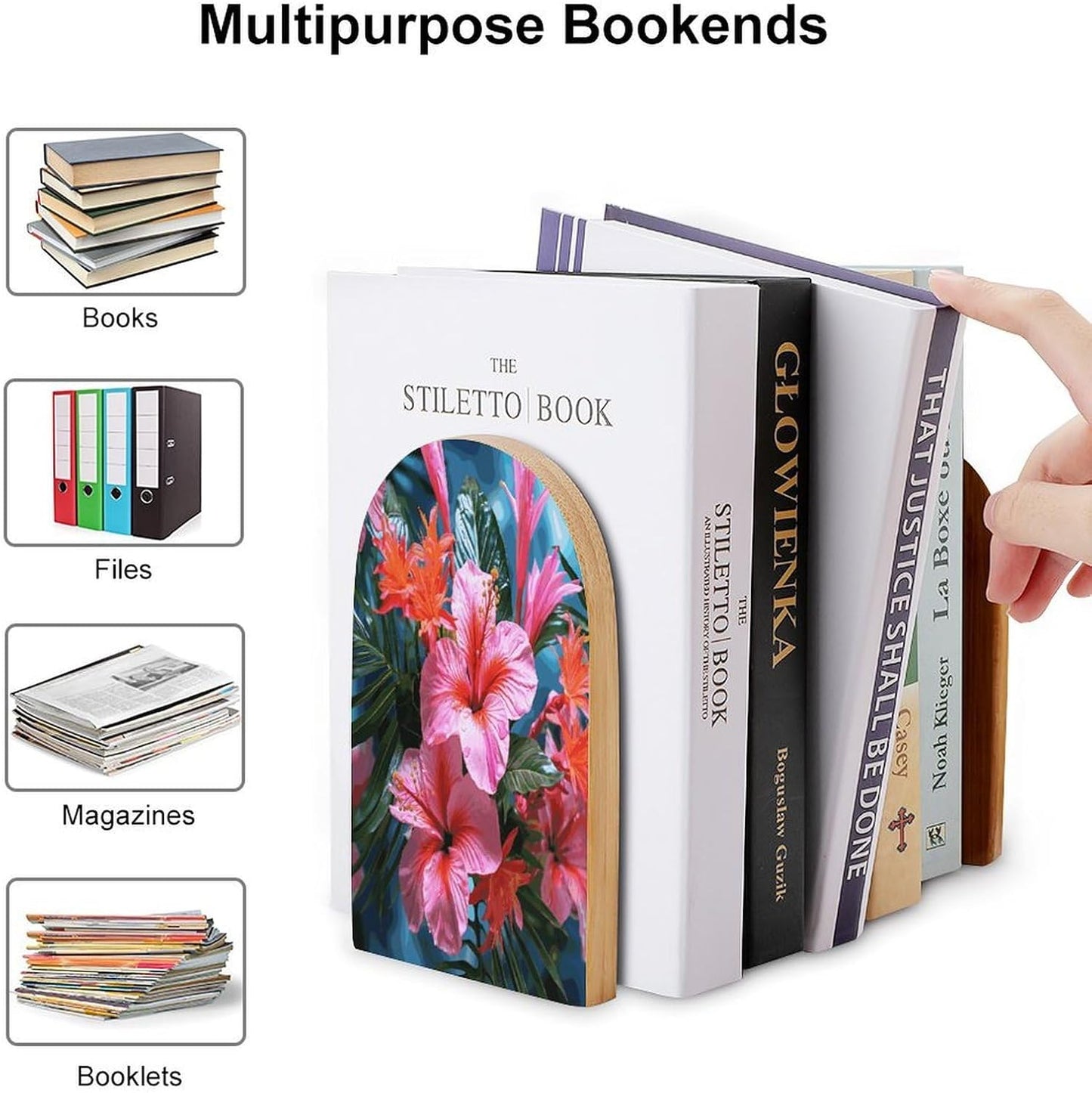 Pink Flower Tropical Plant Bookend for Shelves Wooden Book End Large Size Sturdy Book Holders Stoppers with Metal Base for Bookshelves Slick Decorative Bookends Stands