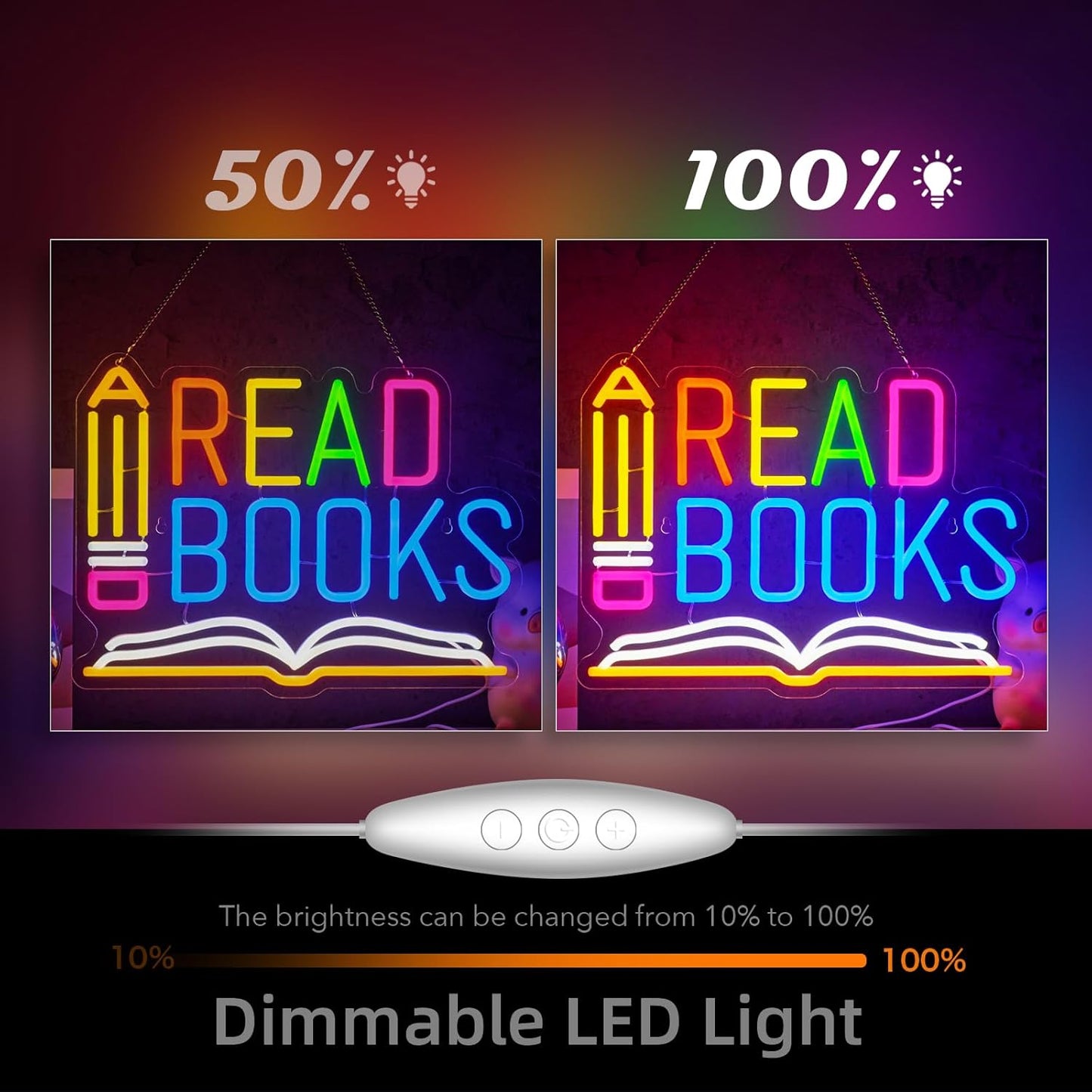 Read Books Neon Sign Read More Books Neon Signs for Wall Decor Pencil and Book USB Dimmable LED Lights for Student Suitable for Classroom Bookstore Library Museum Study Room Gift for Teen Boys Girls Christmas