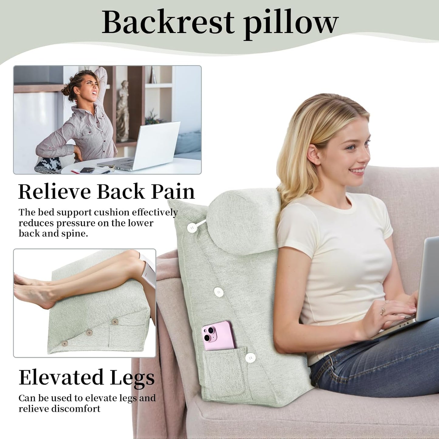 Wedge Reading Pillow — Adjustable Triangular Cushion, Removable Linen Cover, Lumbar & Neck Back Support