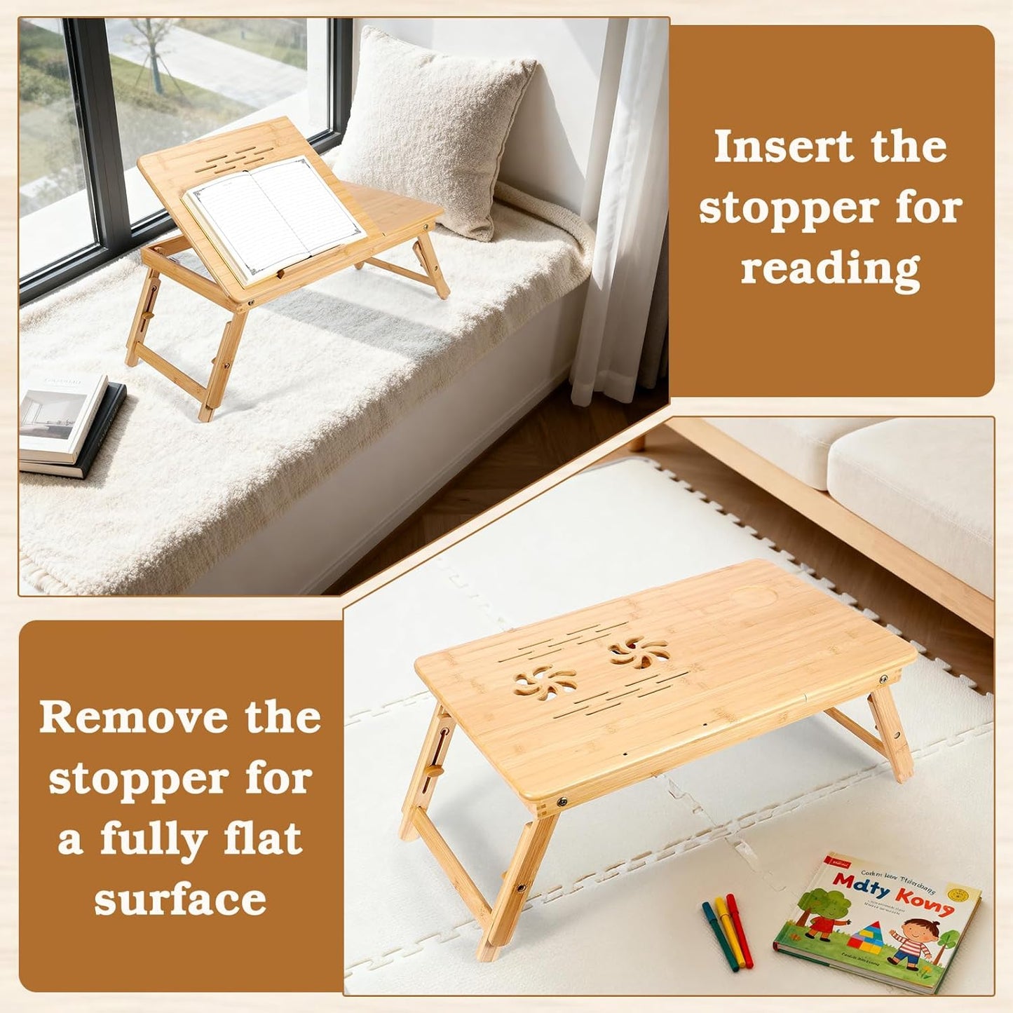 Bamboo Laptop Lap Desk with Vent, Folding Lap Tray Table with Adjustable Height, Tilting Top and Drawer, Portable for Bed Couch Working Reading Writing