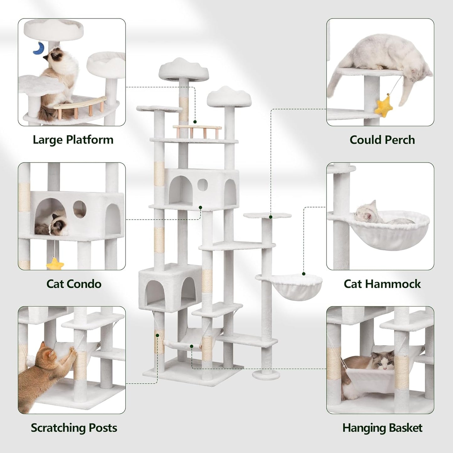 79in Tall Cat Tower for Heavy Duty Big Cats, Large Cat Tree with Scratching Post, Plush Perches, Cozy Cat Condos & Hanging Hammocks for Maine Coon, White