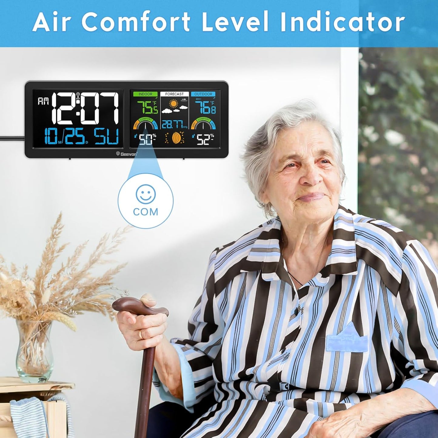 Geevon Weather Stations Wireless Indoor Outdoor Thermometer with Atomic Clock, HD Color Display Digital Temperature Humidity Gauge with Brometer, Comfort Indicator, and Adjustable Backlight (Black)