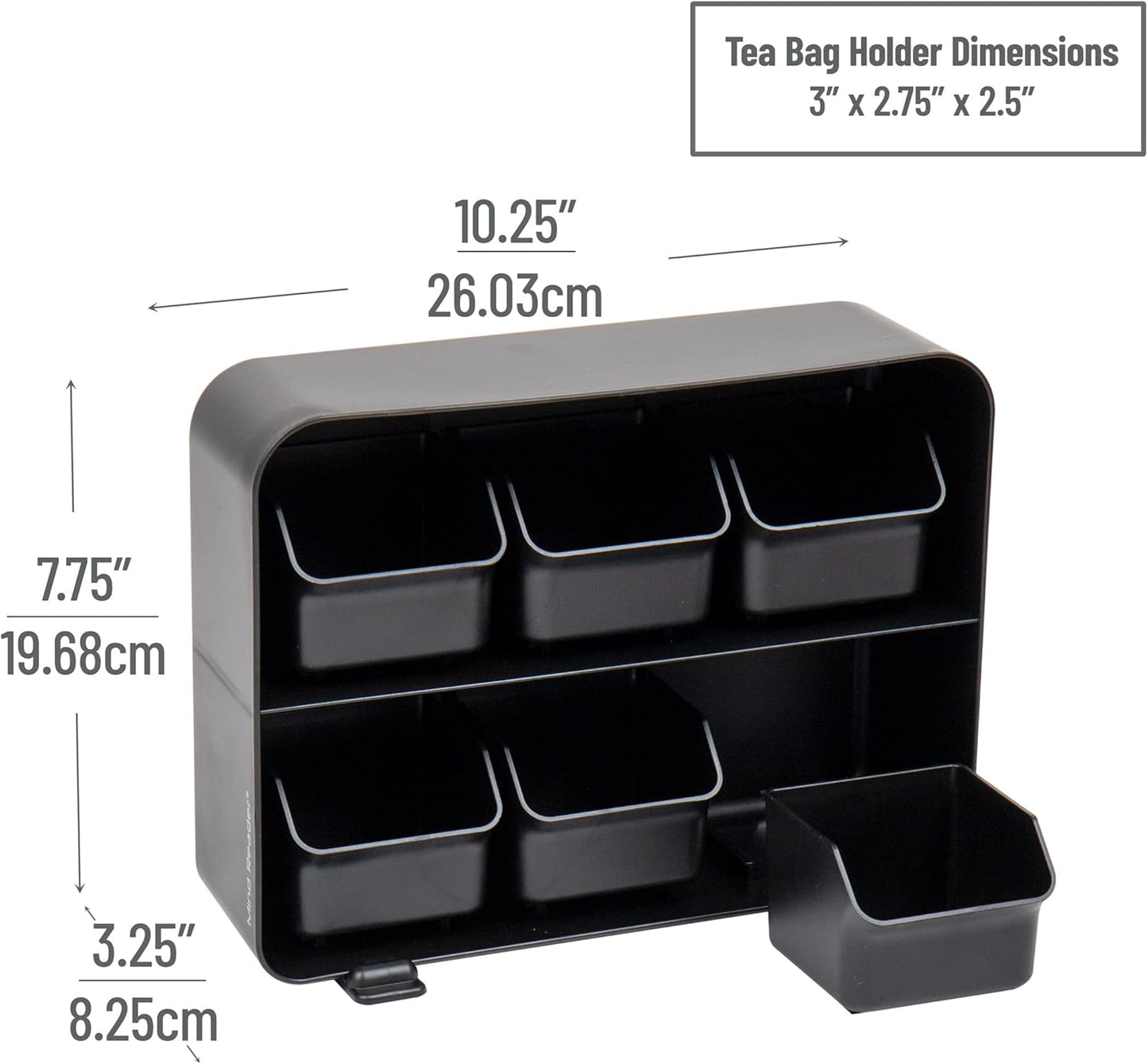 Mind Reader Tea Bag Organizer, Tea Station Organizer, Countertop Storage, Kitchen, Plastic, 10.25"L x 3.25"W x 7.75"H, Black