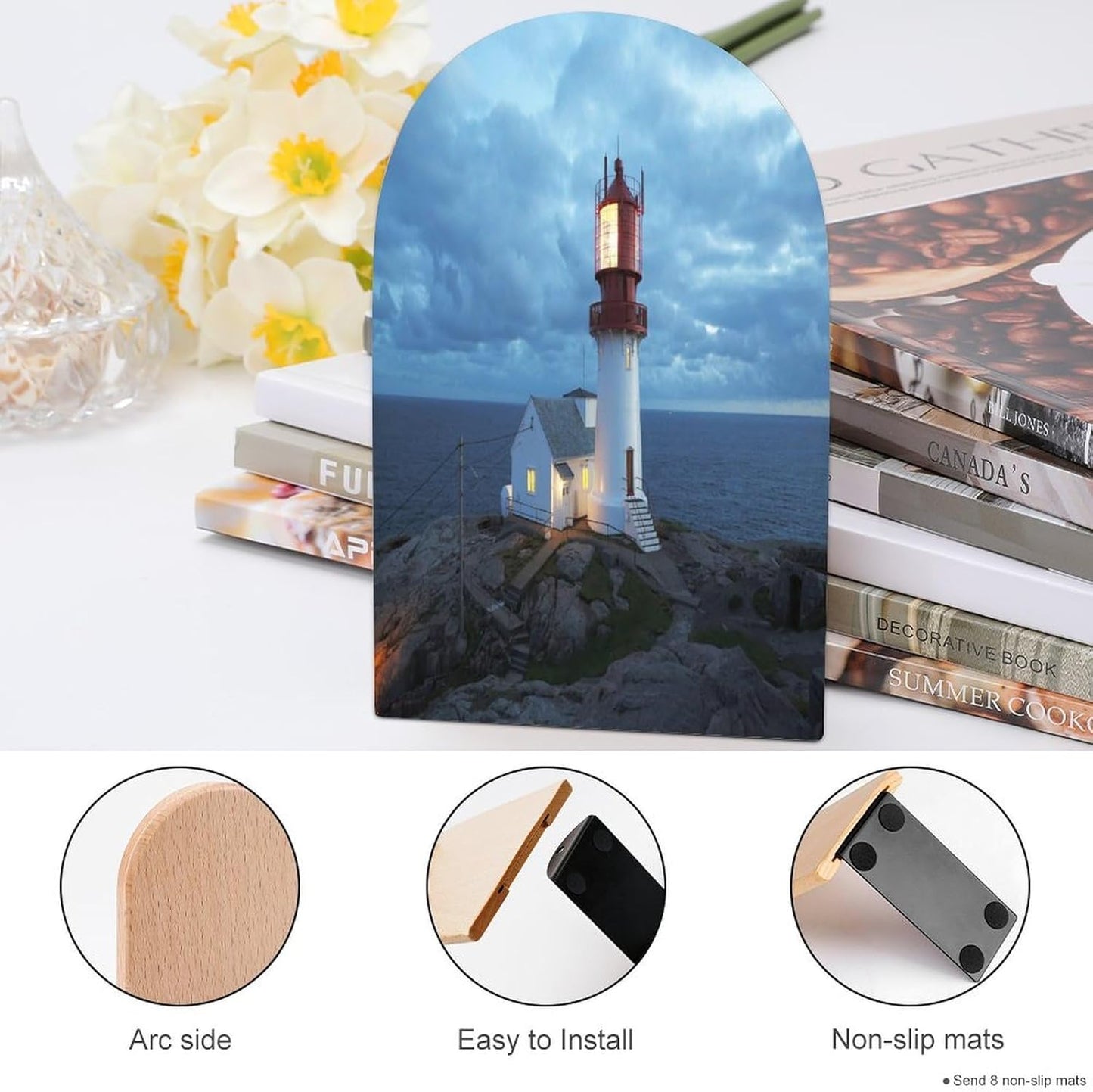 Lighthouse at Night Wooden Bookend Non-Slip Book Ends Heavy Duty Book Stopper with Metal Base Books Holderd Decorative Bookends Stands Firmly for Office Supplies