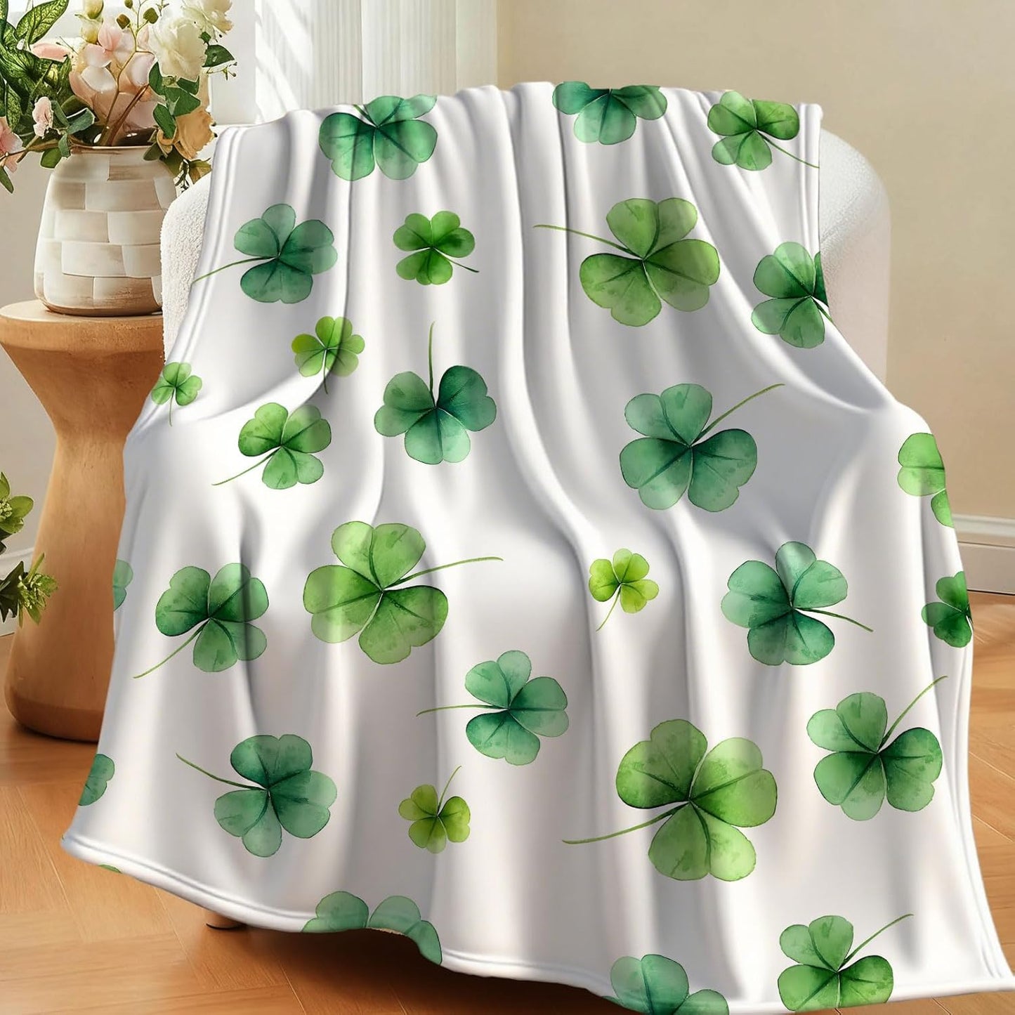 St Patricks Day Throw Blanket Watercolor Shamrock Green Clover Irish Soft Cozy Flannel Blankets for Bed Sofa Couch Chair Home Decorations 50 x 60 Inch