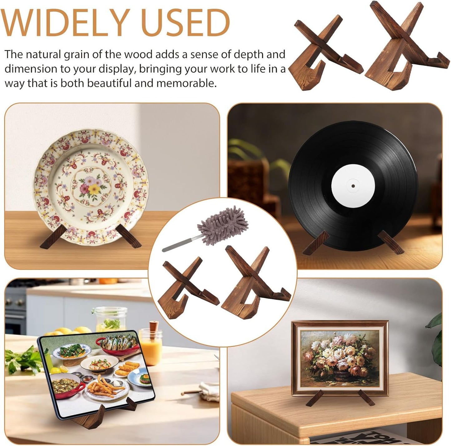 2 Pack Wooden Display Stands with Mini Duster, Easel Plate Bowl Holders for Display Frame Platter Dish, Decorative Stand for Cookbook Art Vinyl Record Photo Artist Home Office Collector (6" & 7.8")