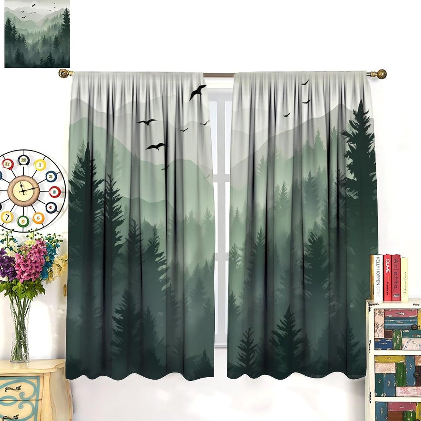 Forest Blackout Curtain for Living Room, Watercolor Green Forest Flying Birds Nature Mountain Tree Woodland Home Window Treatments 2 Panels Drapes for Kitchen Batroom Office Deocr 42"W X 45"L