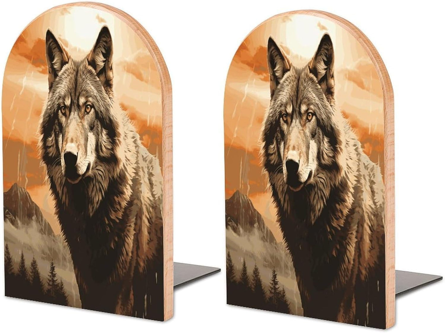Wolf in The Sun Bookend for Shelves Wooden Book End Large Size Sturdy Book Holders Stoppers with Metal Base for Bookshelves Slick Decorative Bookends Stands
