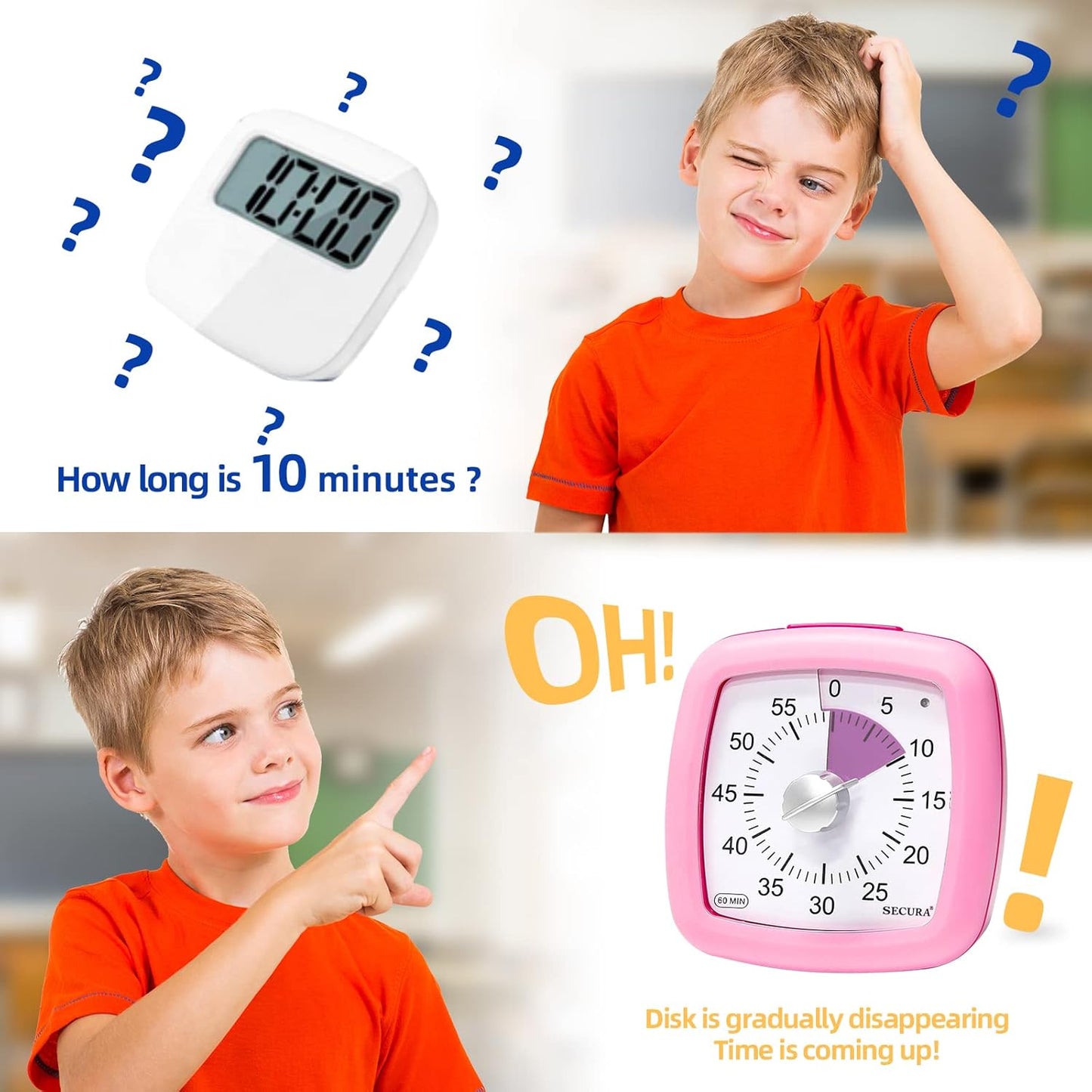 Secura 60-Minute Visual Timer, Silent Study Timer for Kids and Adults, Time Clocks, Time Management Countdown Timer for Teaching (Pink)