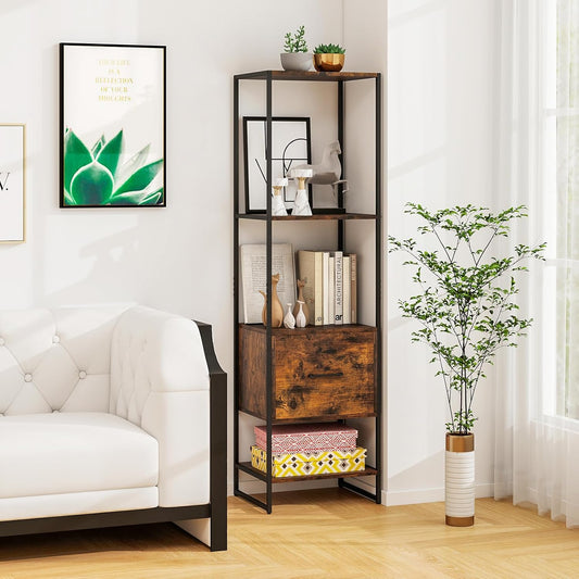 Tangkula 4-Tier Bookshelf with Drawer, 62.5” Tall Narrow Bookcase with Metal Frame & Anti-tip Kits, 4 Open Shelves & Pull-Out Drawer, Modern Slim Display Storage Rack for Living Room Study (1, Brown)