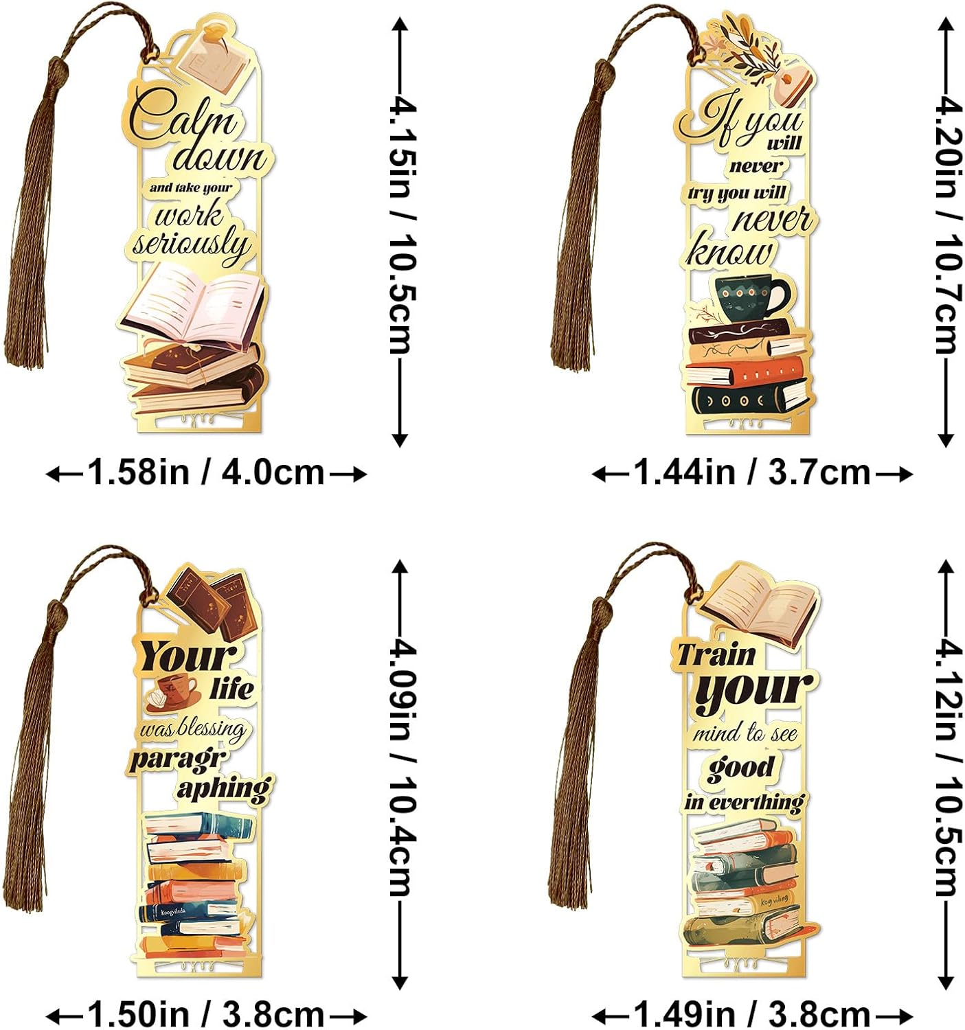4-Pack Metal Golden Hollow Inspirational Bookmarks with Tassels – Vintage Book Lover's Gift, Motivational Quotes Book Marks for Reading Enthusiasts, Students, Teachers, Men, Women