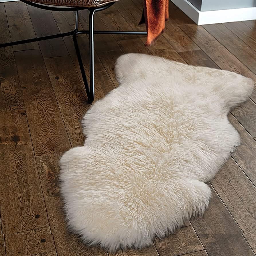 Genuine Sheepskin Rug – New Zealand Sheep Skin Fluffy Soft Single Pelt Lambskin for Bdroom, Living Room, Sofa, Chair, Bedside – Natural Ivory White Area Rug (2 x 3 ft)