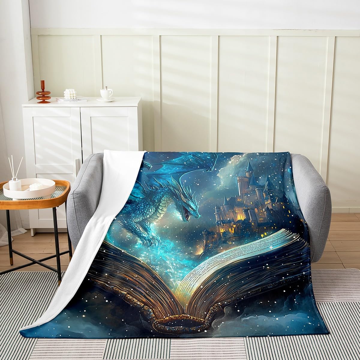 Flying Dragon Throw Blanket Lightweight Magical Book Pattern Fleece Blanket Vintage Mid-Century Castle Bed Blanket Neon Burning Flame Flannel Blanket Bedroom Decor Throw 50x60