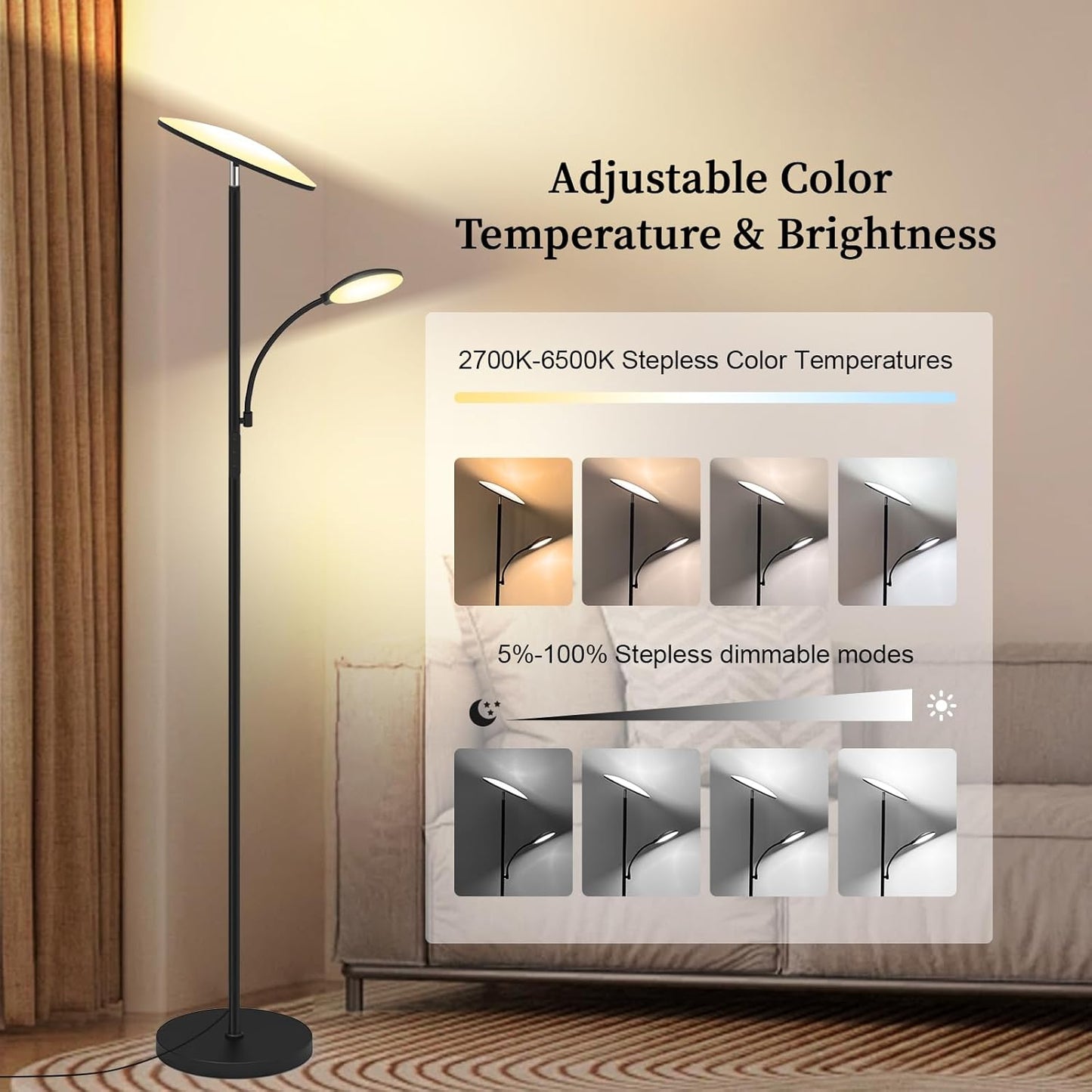 Floor Lamp, 2025 Upgraded 42W 4500LM Super Bright LED Floor Lamp with Rotatable Reading Light, Touch Remote Control & Memory Function, Stepless Dimmable Standing Lamp for Living Room Bedroom, Black