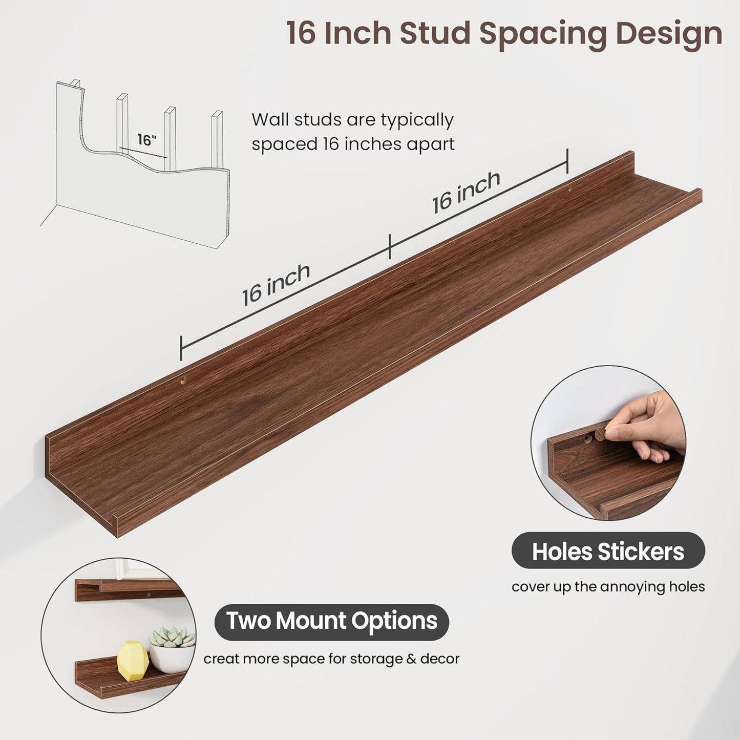 Axeman 48 Inch Floating Shelves | Walnut Picture Ledge Shelf Set of 3 | Rustic Wood Wall Shelves with Lip | 48" Walnut Picture Shelf for Wall with Ledge | Photo Shelves