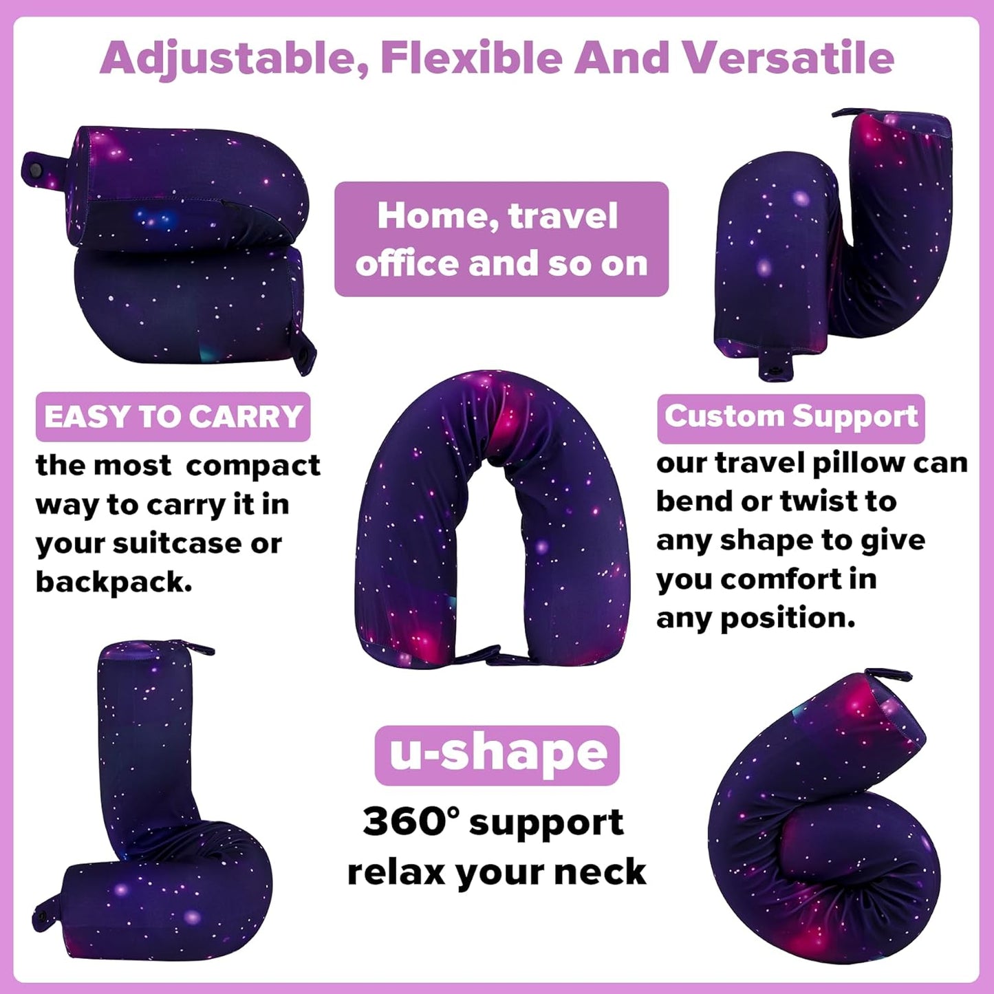 2 Pack Travel Pillow Twist Memory Foam Neck Support Adjustable Pillow for Airplane Train Bus or at Home-Neck Bendable Roll Pillow for Chin, Shoulder Pain Lumbar Rest Leg Support