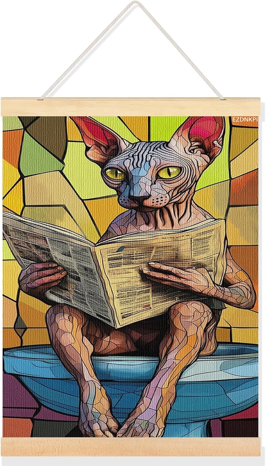 Cat Reading Newspaper Canvas Wall Art, Polychrome Abstract Decor, Bathroom Aesthetic Art for Living Room, Bedroom, Office 24x36 Inch Framed