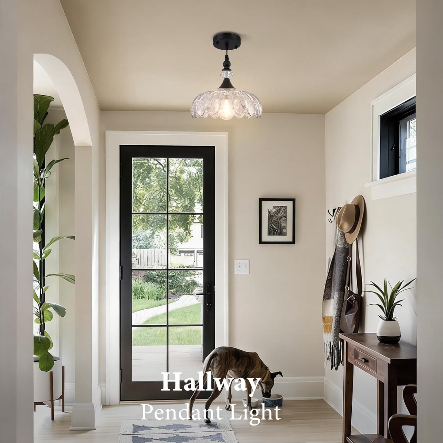 Vintage Pendant Light, Matte Black Pendant Light with Glass Shade, Farmhoue Pendant Light Fixture, Pendant Lighting for Kitchen Island, Dinnng Room, Living Room, Bedroom, Hallway