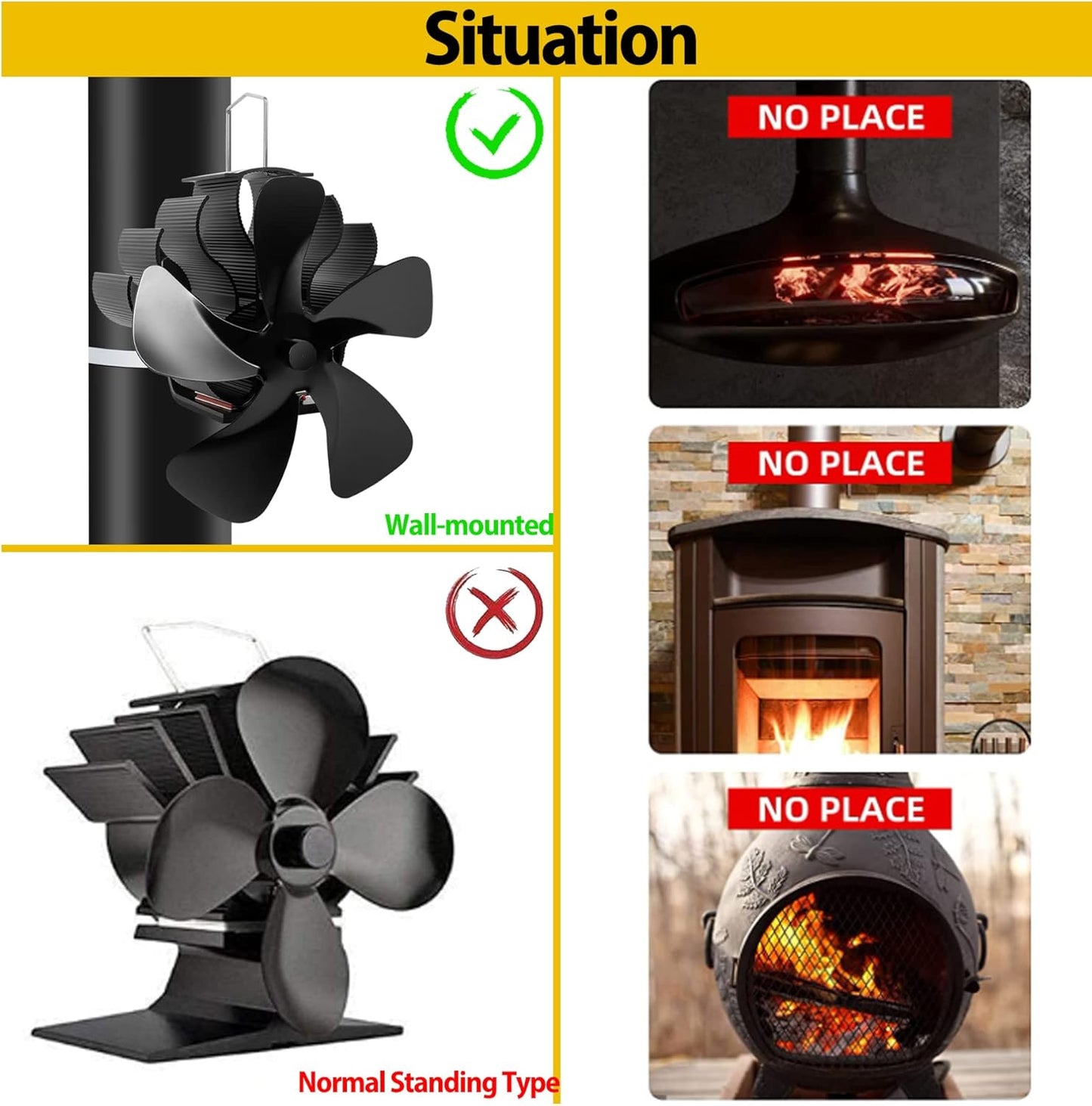 PYBBO Heat Powered Wood Stove Fan, 5 Blades Pipe Fireplace Fan, Silent Operation Motors Thermal Stove Fan for Wood Burning Stove/Pellet/Log/Gas Burner with Magnetic Thermometer