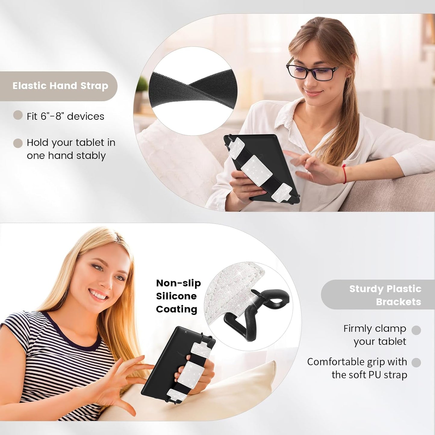 MoKo Soft Hand Strap for 6-8" Universal eReaders & Tablets, Black High-Elasticity Versatile Hand Strap Lightweight Finger Grip Holder, Glitter White