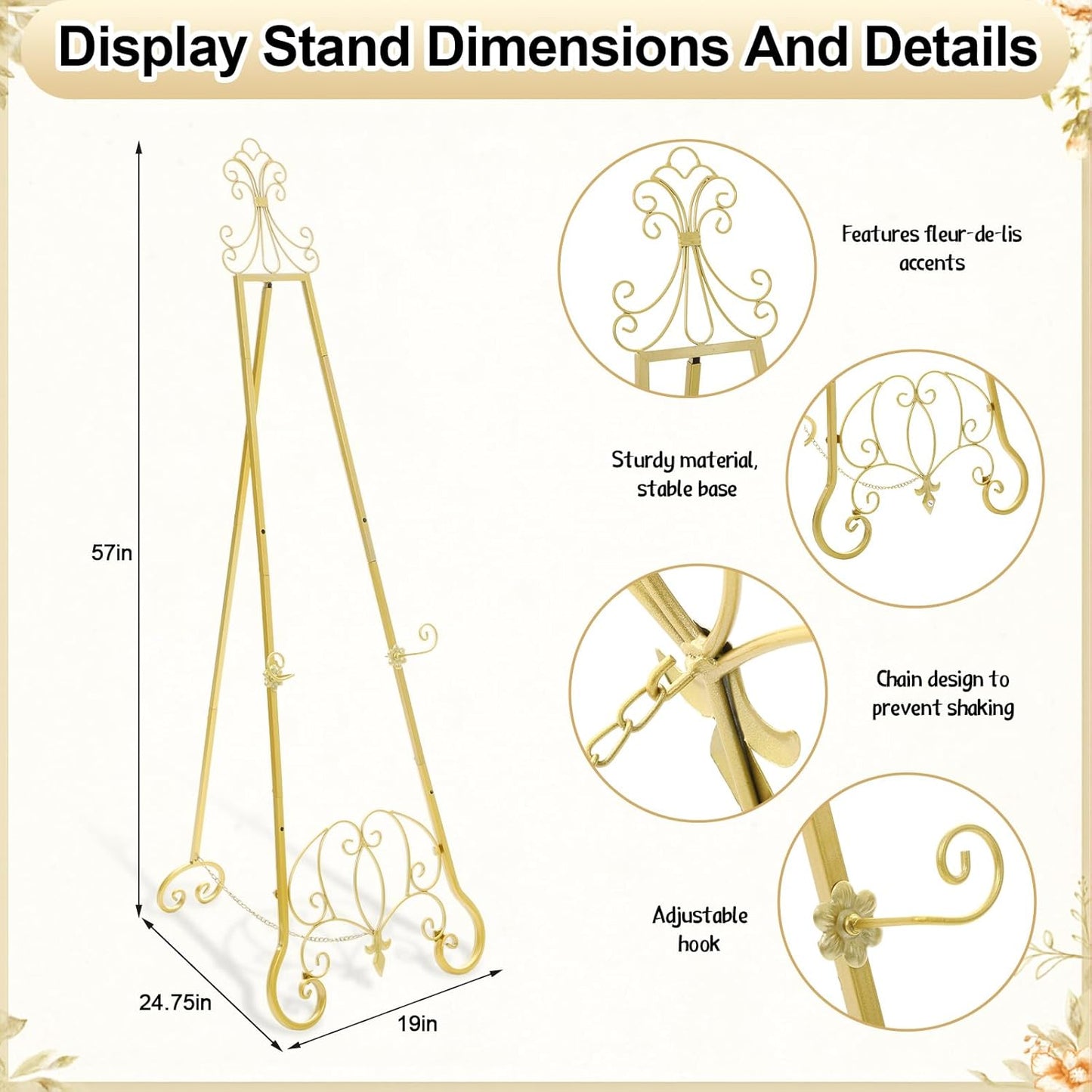 Gold Easel Stand for Wedding Sign, 57'' Adjustable Vintage Scroll Floor Display Stand with Chain Support for Welcome Poster, Photo, Art, Decorative Event Display