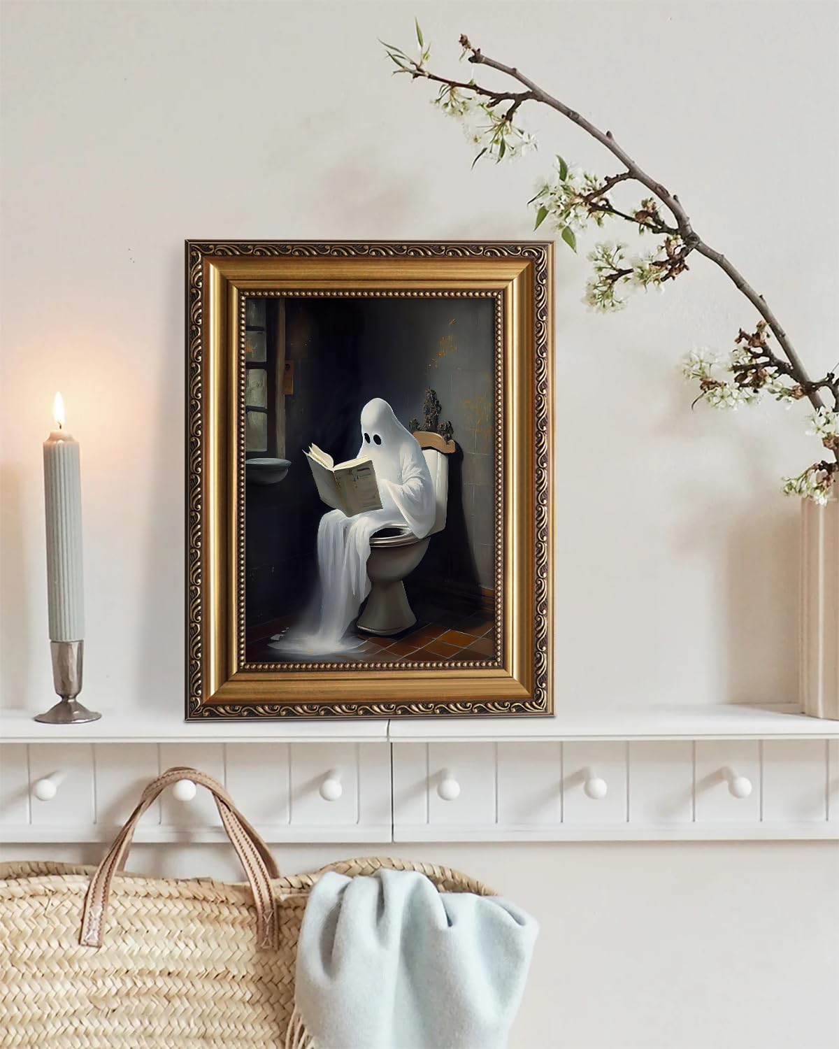 KBKBART Gold Framed Canvas Wall Art, Vintage Cute Ghost on Toilet Reading Books Gothic Aesthetic Posters, Spooky Dark Academia Room Decor, Ghost in Bathroom Horror Halloween Pictures, Bathroom Decor Wall Art(9"x12")