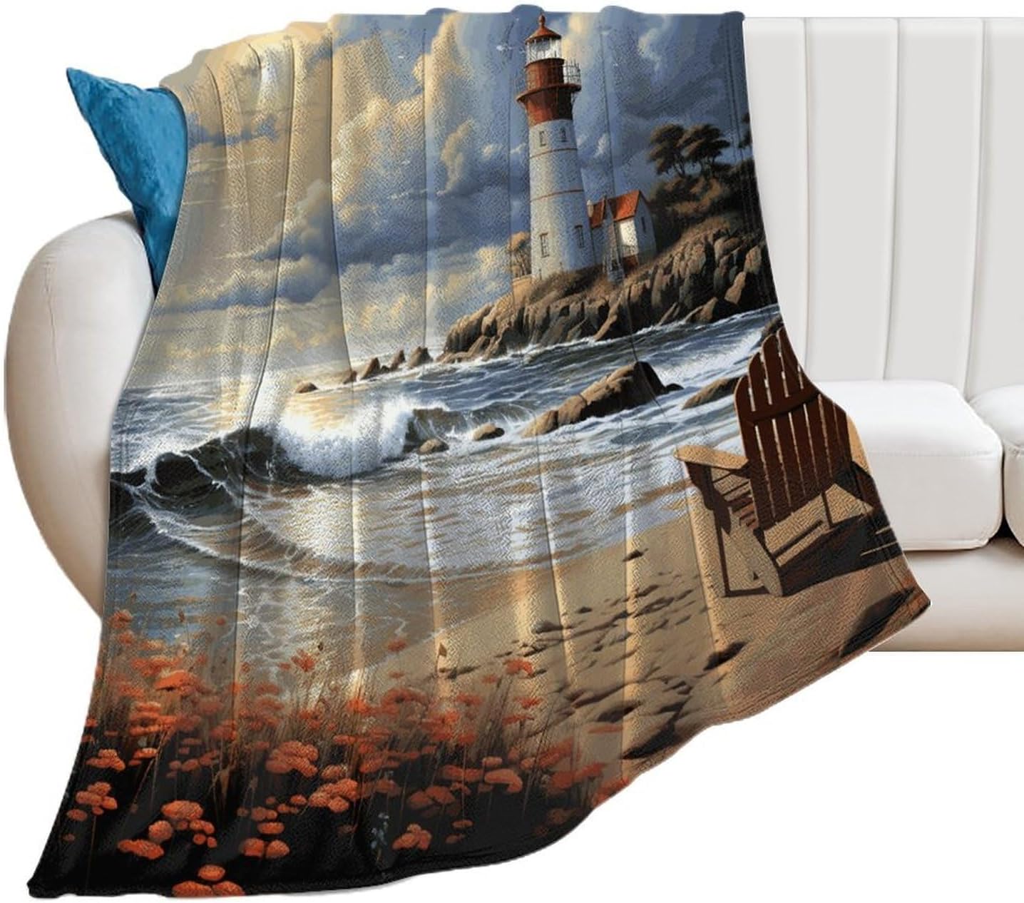 Sea Lighthouse Sandbeach Blanket Super Soft Lightweight Throw Blanket Cute Cozy Warm Bed Blanket Decorative Fuzzy Blanket All-Season Home Decor Gift for Sofa Couch Living Room 50"*60"（130 * 150cm）