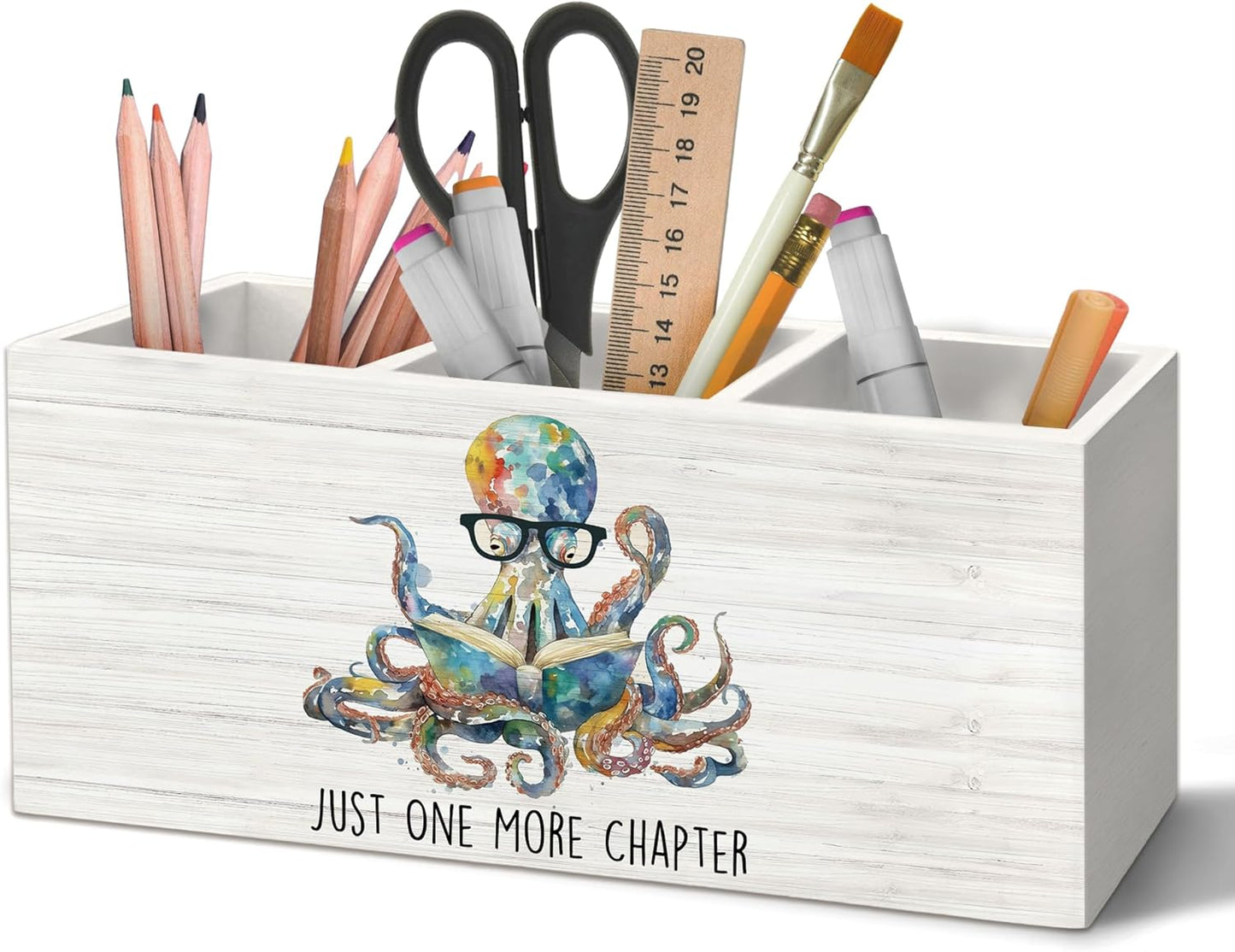 Book Lovers Gifts Pen Holder Organizer for Desk Accessories, Just One More Chapter Octopus Bookish Wooden Box Desk Decorations for Kids Reading Corner Nook Room Classroom Decor