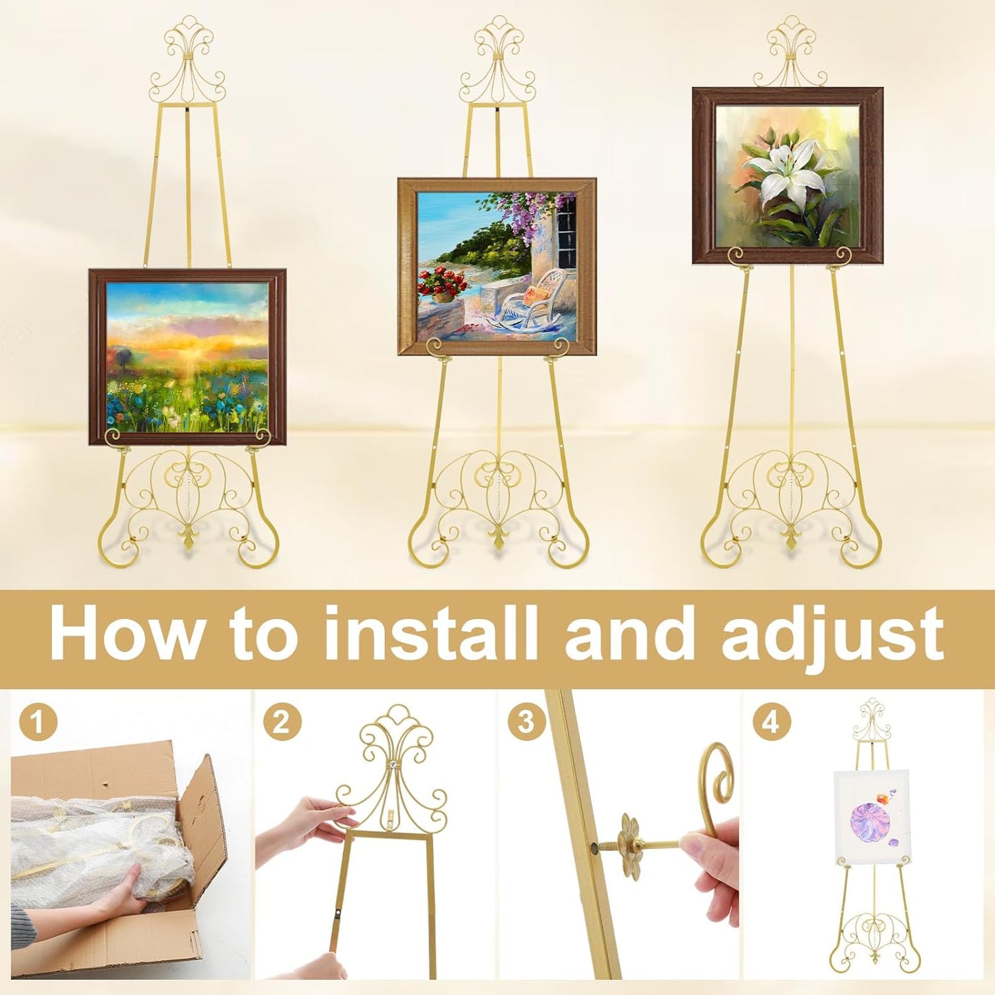 Gold Easel Stand for Wedding Sign, 57'' Adjustable Vintage Scroll Floor Display Stand with Chain Support for Welcome Poster, Photo, Art, Decorative Event Display