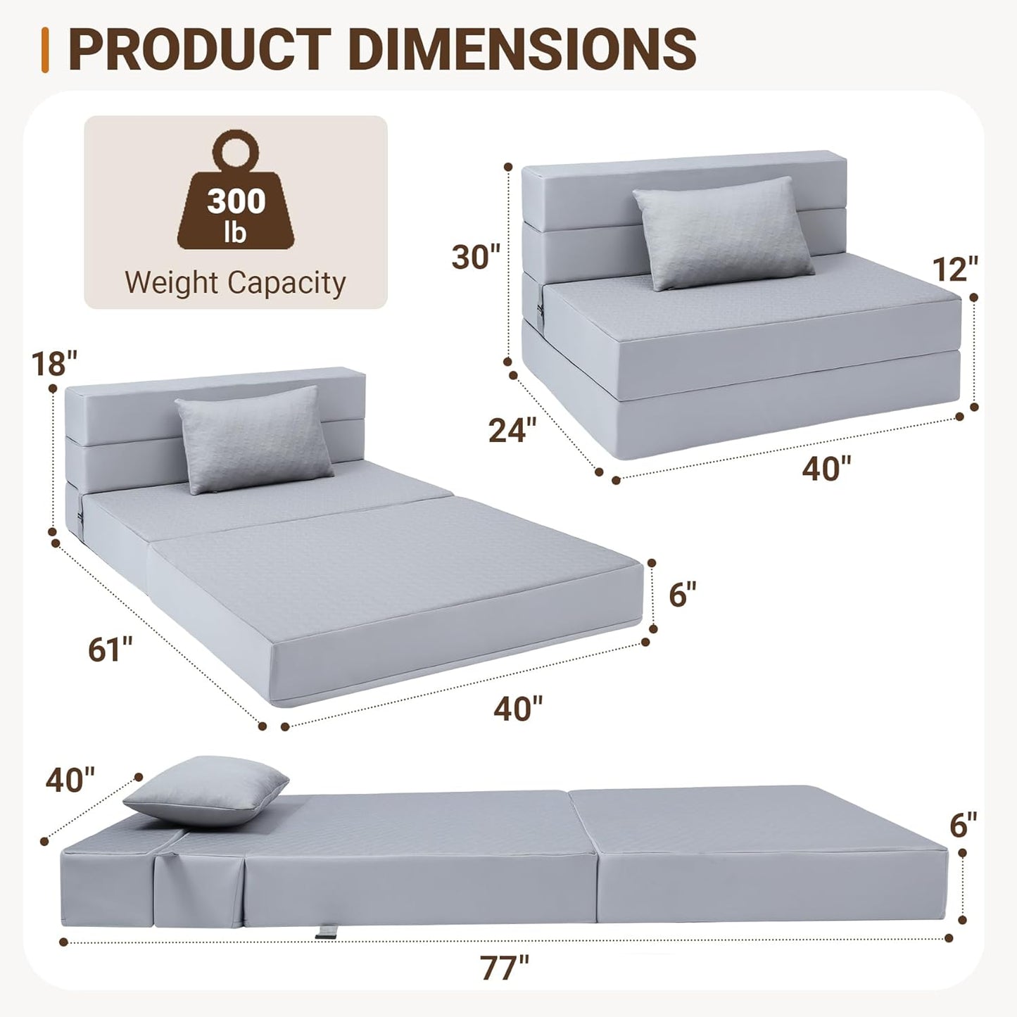 BeBen Folding Sofa Bed, Boneless Foldable Chair Bed, Convertible Futon Sleeper Chair Couch, Twin Lazy Floor Lounger Sofa Couch for Small Spaces, Dorm, Guest Room, Living Room, Apartment, Grey