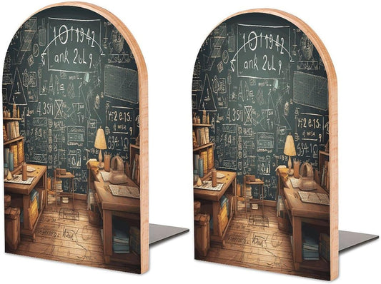 School Math Wooden Bookend Non-Slip Book Ends Heavy Duty Book Stopper with Metal Base Books Holderd Decorative Bookends Stands Firmly for Office Supplies