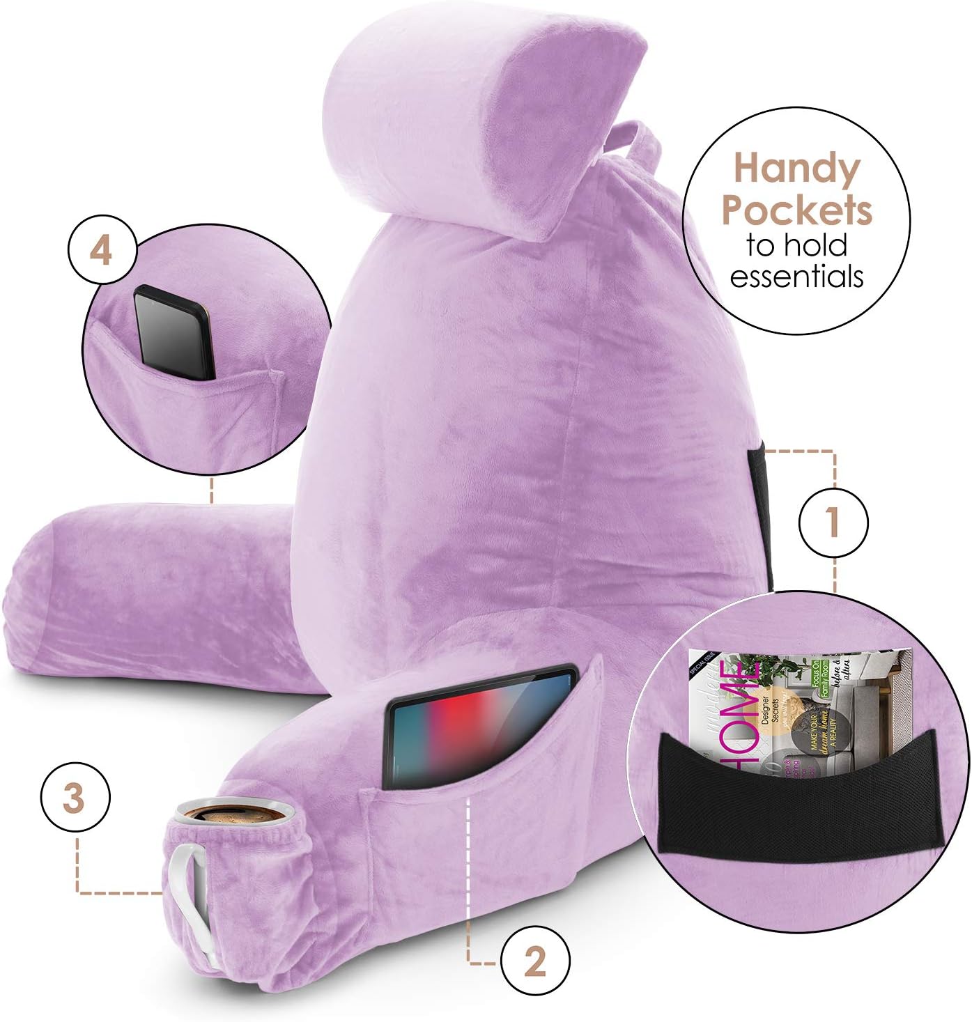 Nestl Reading Pillow with Portable Laptop Lap Desk - Shredded Memory Foam Back Support Pillow for Sitting Up in Bed and Couch Rest Pillows with Arms, Bed Tray Table with Foldable Legs, Lavender