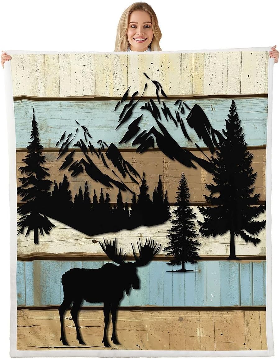 Feelyou Moose Sherpa Throw Blanket for Couch Deer Hunting Super Soft Cozy Fleece Antlers Blanket for Winter, Plush Throw Rustic Cabin Country Throw 50"x60" Wild Animal All Season
