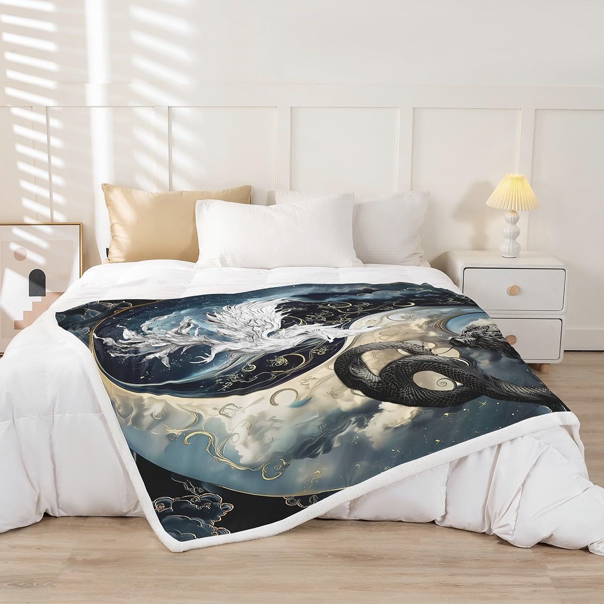 Erosebridal Dragon Sherpa Blanket Japanese Ukiyoe Throw Blanket Exotic Animal Queen 90"X90" Ancient Loong Phoenix Fleece Blanket for Boys Teen Bedroom, Yin Yang Fuzzy Blanket Bed Couch