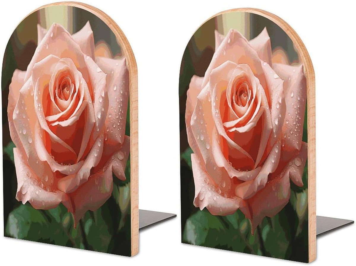 Rose Flower Pink Wooden Bookend Non-Slip Book Ends Heavy Duty Book Stopper with Metal Base Books Holderd Decorative Bookends Stands Firmly for Office Supplies
