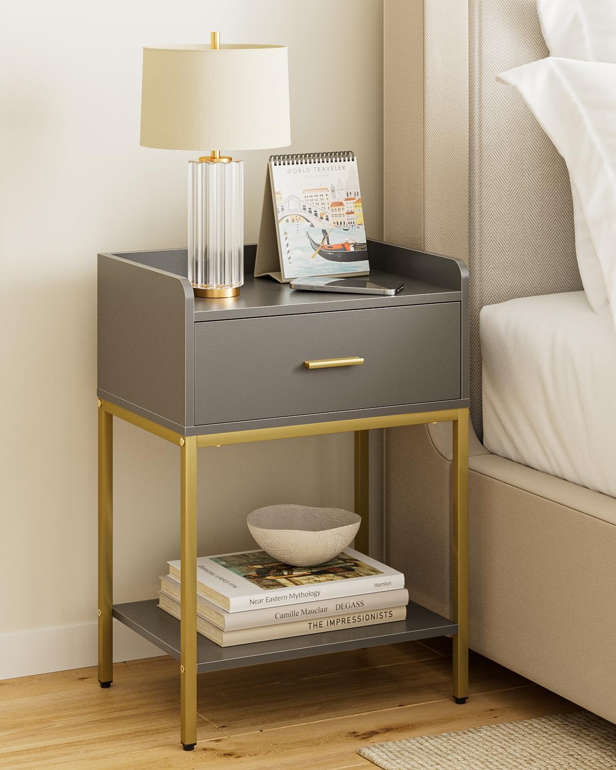 Nightstand,3-Tier Modern Night Stand,Bedside Table with Storage Drawer and Shelf,Small Side Table for Bedroom,Living Room,Gray