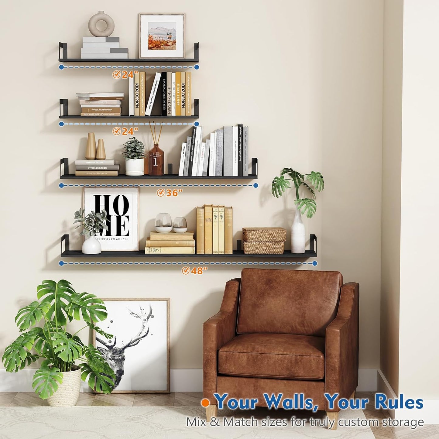 48 Inch Floating Shelves for Wall Set of 3, Long Wall Book Shelves for Bedroom Living Room, Large Vintage Floating Bookshelf for Office Classroom Library Kitchen Closet Organizer (Black)