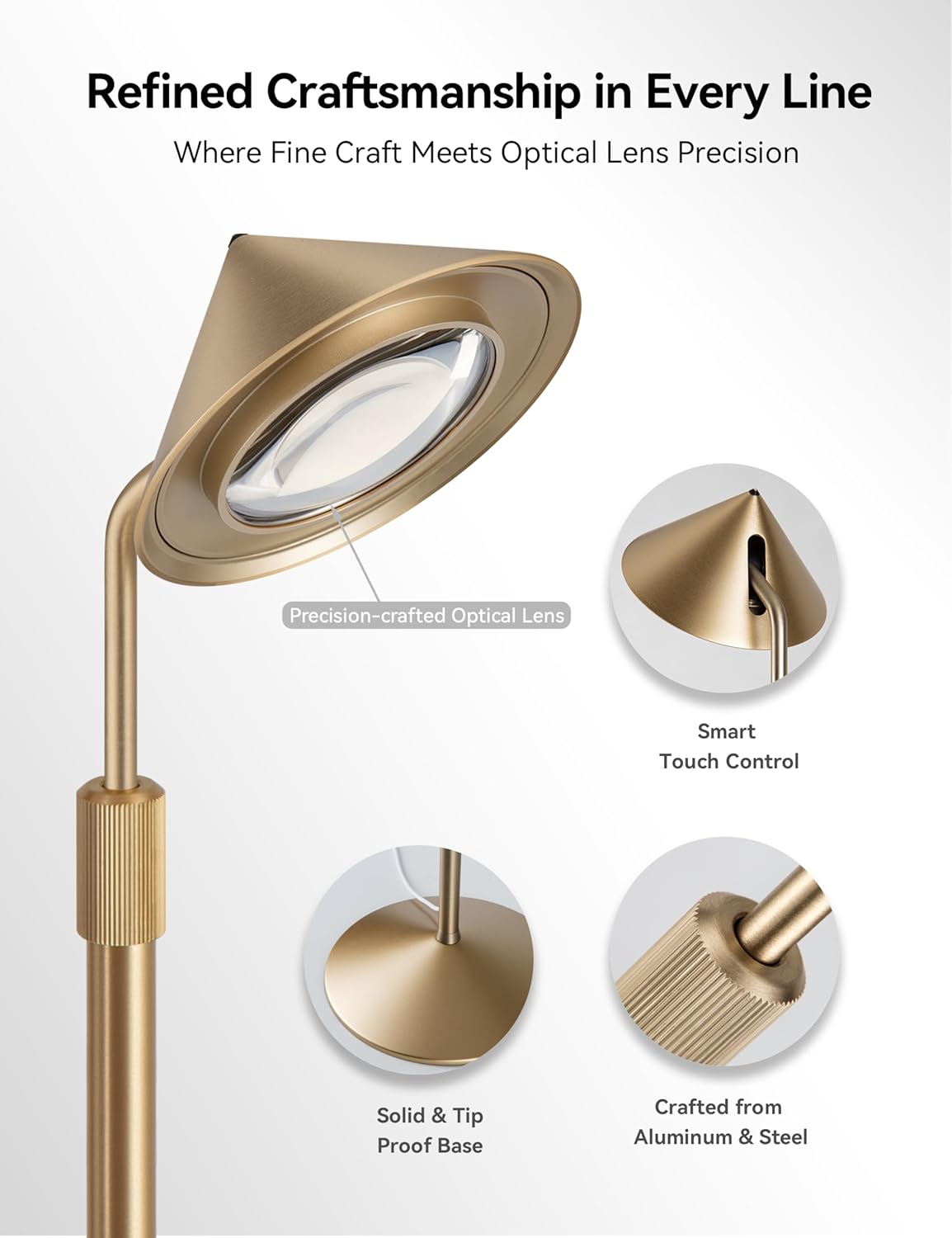 Tubicen Gold Floor Lamp, Flexible Up and Down Rotateble 150 Degree, 3-Stage Touch Dimmable LED Corner Floor Lamp for Bedroom, Adjustable Heights, Modern Standing Lamp for Reading, Sewing, Crafting