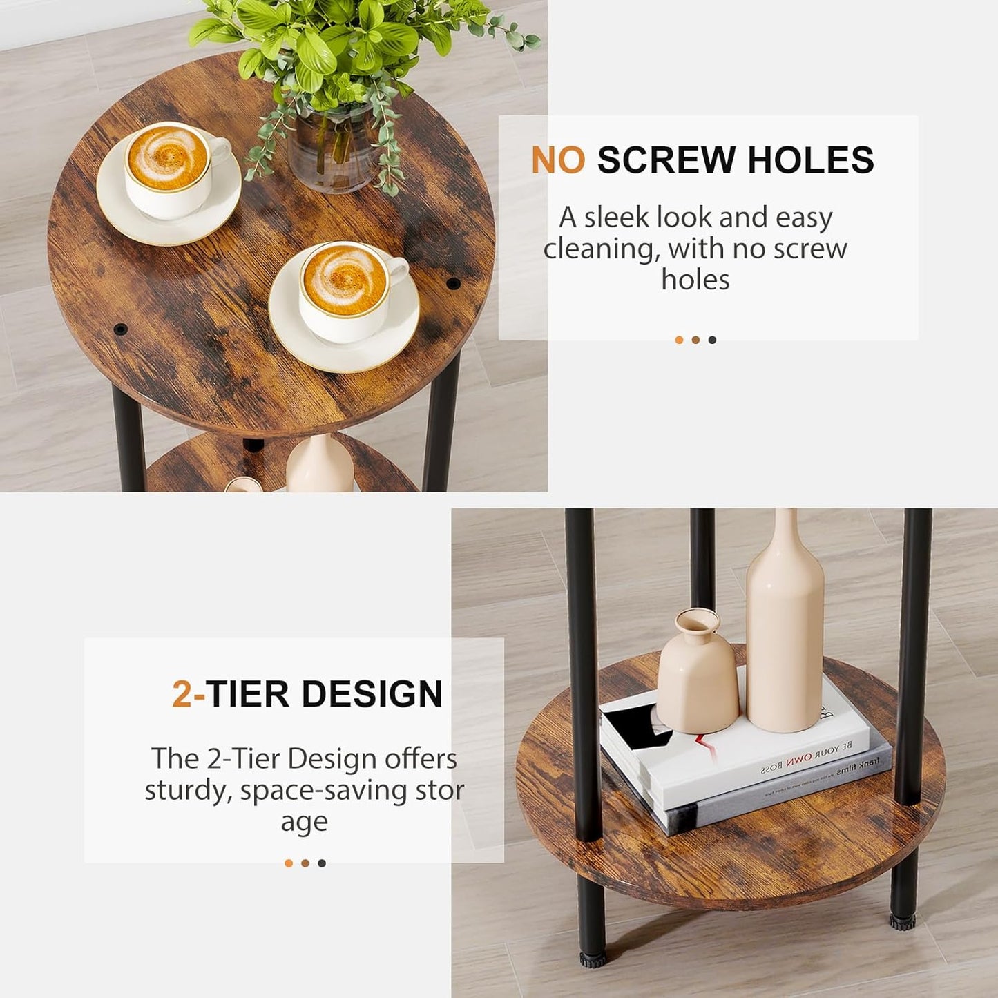 Round Side Table Set of 2, 2-Tier End Table, Small Round Nightstands with Storage, Modern Accent/Bedside Table for Living Room, Bedroom-Brown