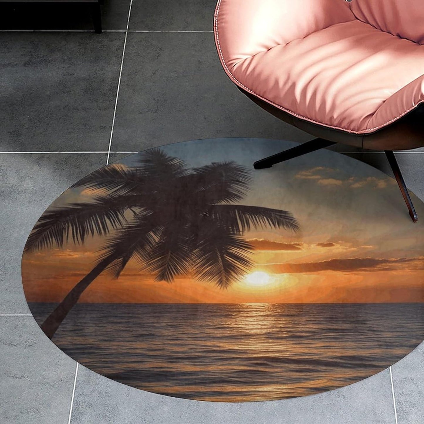 Sunset Palm Tree Ocean Circle Rug Retro Luxury Coral Velvet Floor Mat Non Slip Soft Indoor Floor Carpet Comfy Thickened Area Rugs Modern Aesthetic Minimalist Carpets for Home Decor