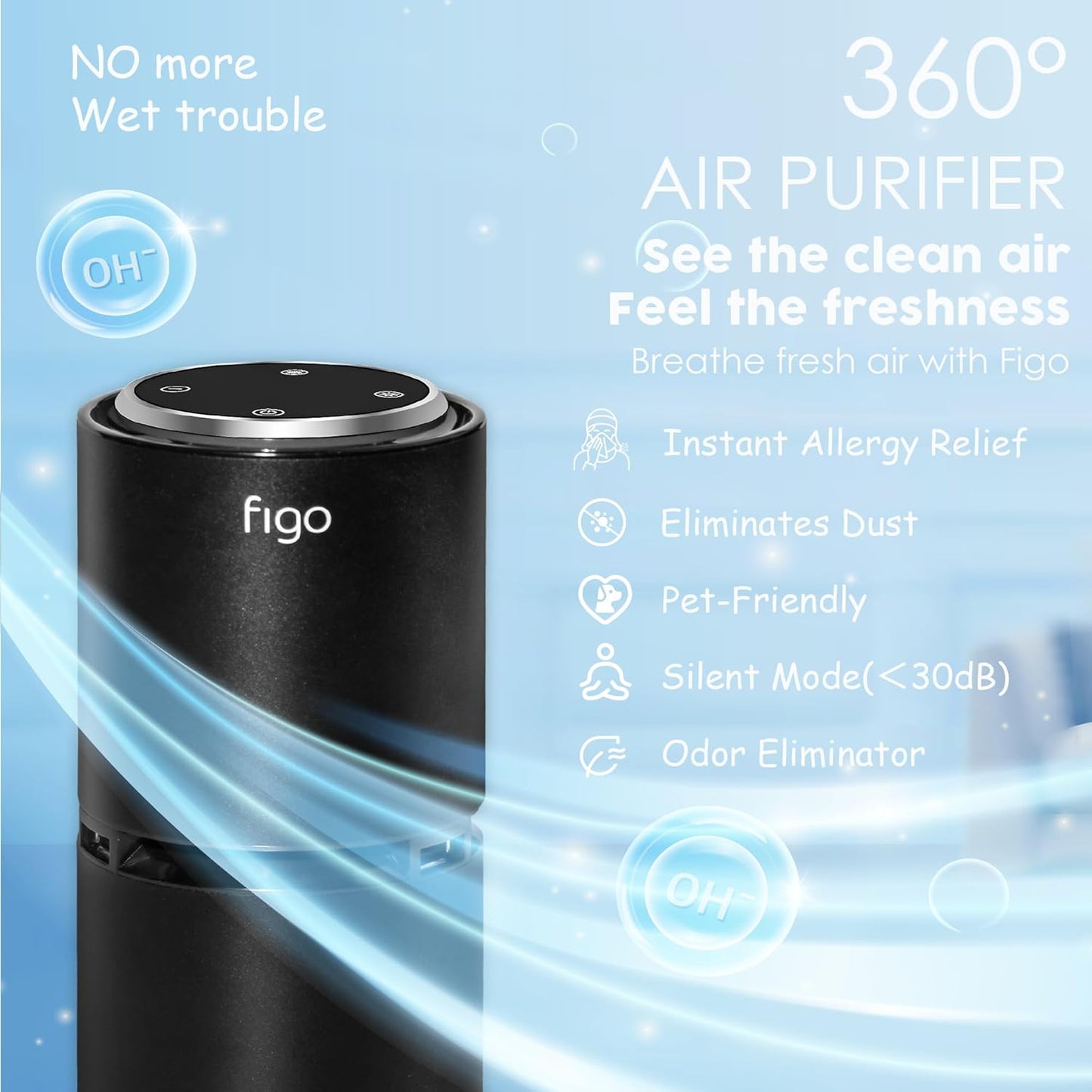 Figo 8th Gen Ionic Air Purifier, Filter-Free Compact Air Cleaner for Home & Car, Quiet Portable Odor Reducing Air Purifier for Small Spaces, Bedroom, Dorm Room, Desk