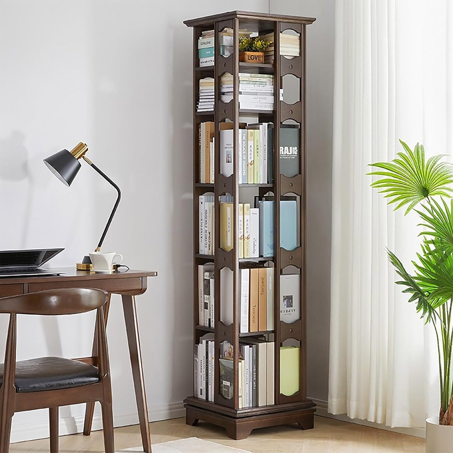 ELZEM 6 Tier Rotating Bookshelf Tower 360° Revolving Bookcase with Base Spinning Bookshelf Square Chinese Style Solid Wood Rotating Bookcase for Bedroom Living Room Study Room