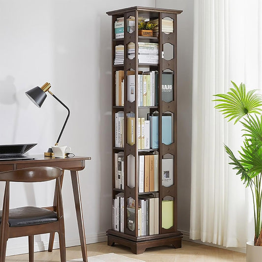 ELZEM 6 Tier Rotating Bookshelf Tower 360° Revolving Bookcase with Base Spinning Bookshelf Square Chinese Style Solid Wood Rotating Bookcase for Bedroom Living Room Study Room